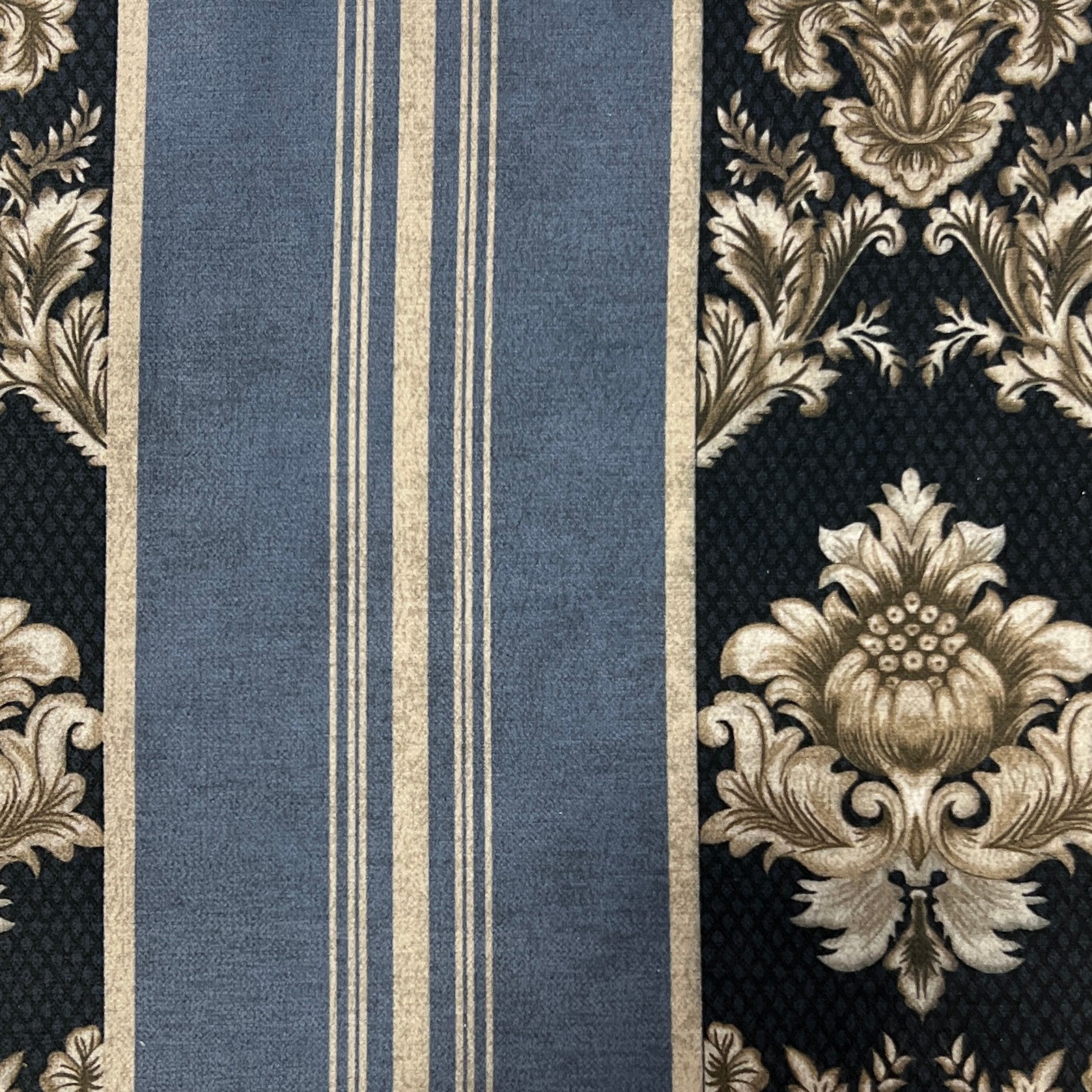 Decorative fabric with floral patterns in a striped design with Midnight Pewter background