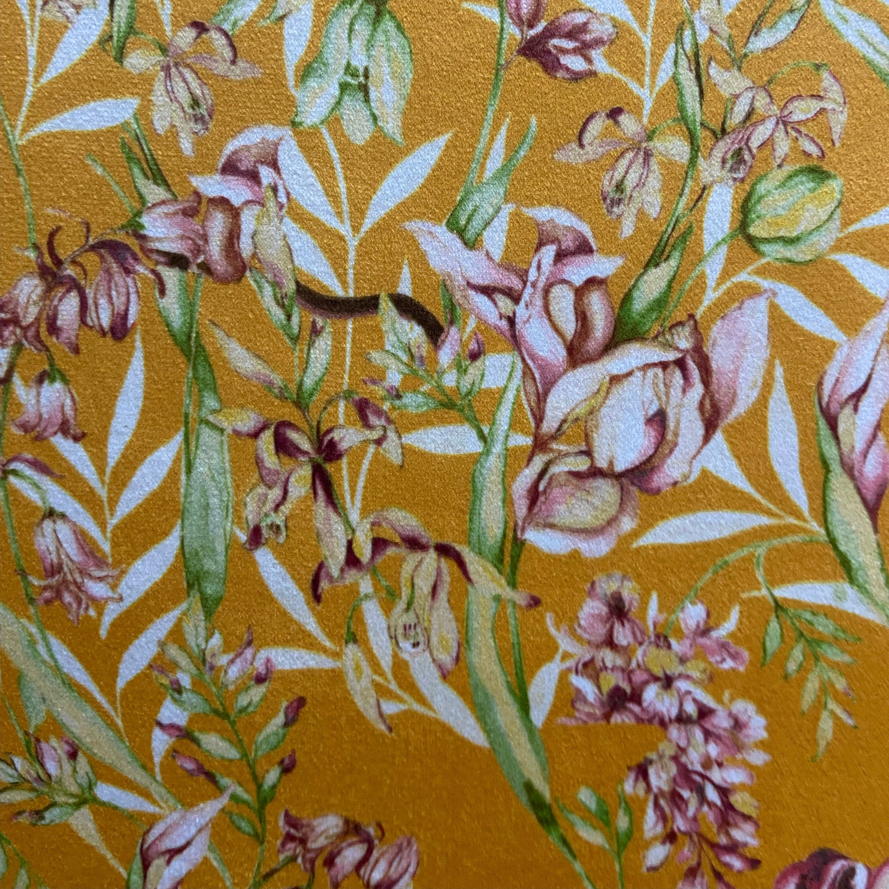 Floral pattern with green leaves and white flowers on Orange background