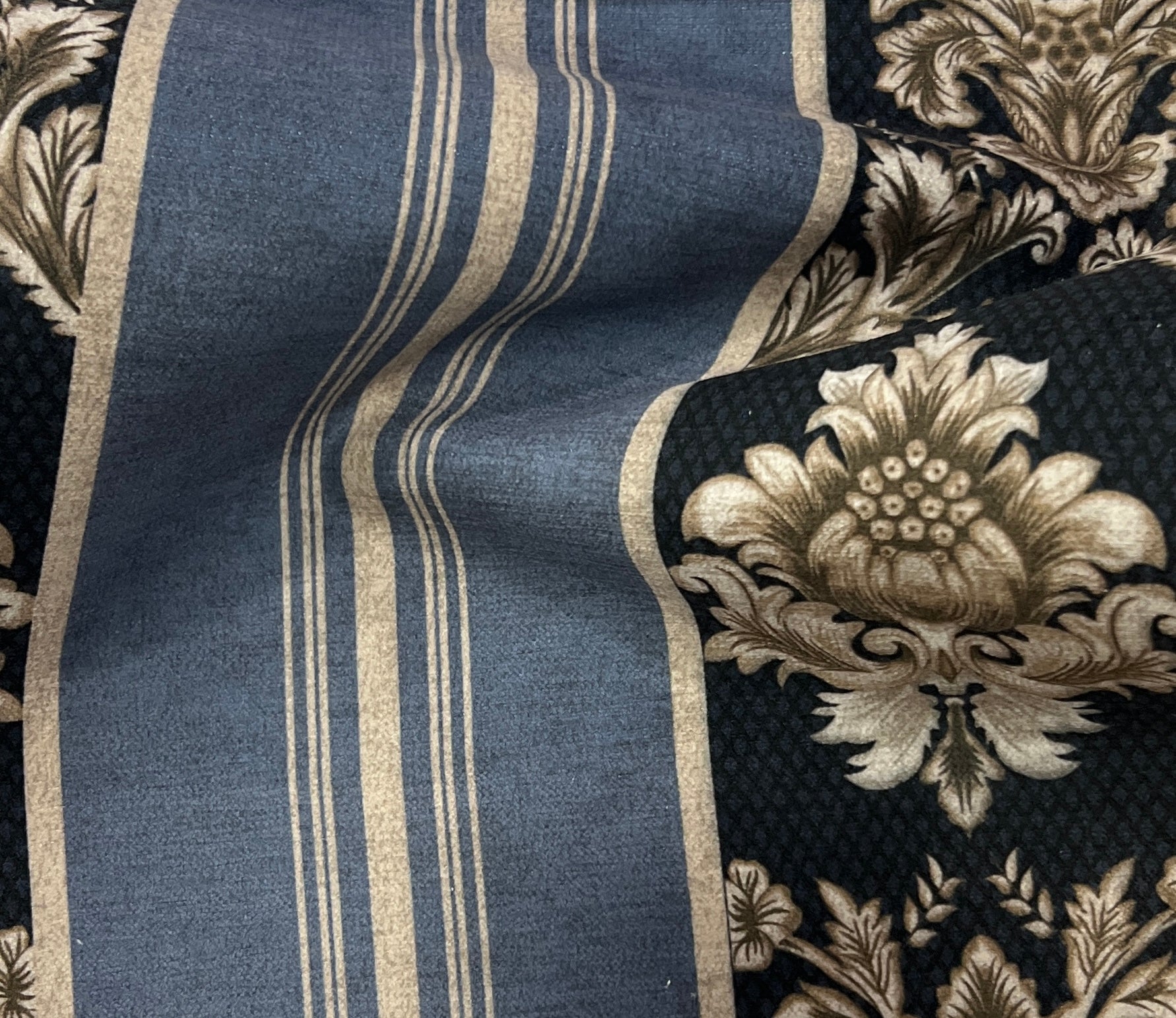 Decorative fabric with floral patterns in a striped design with Midnight Pewter  background