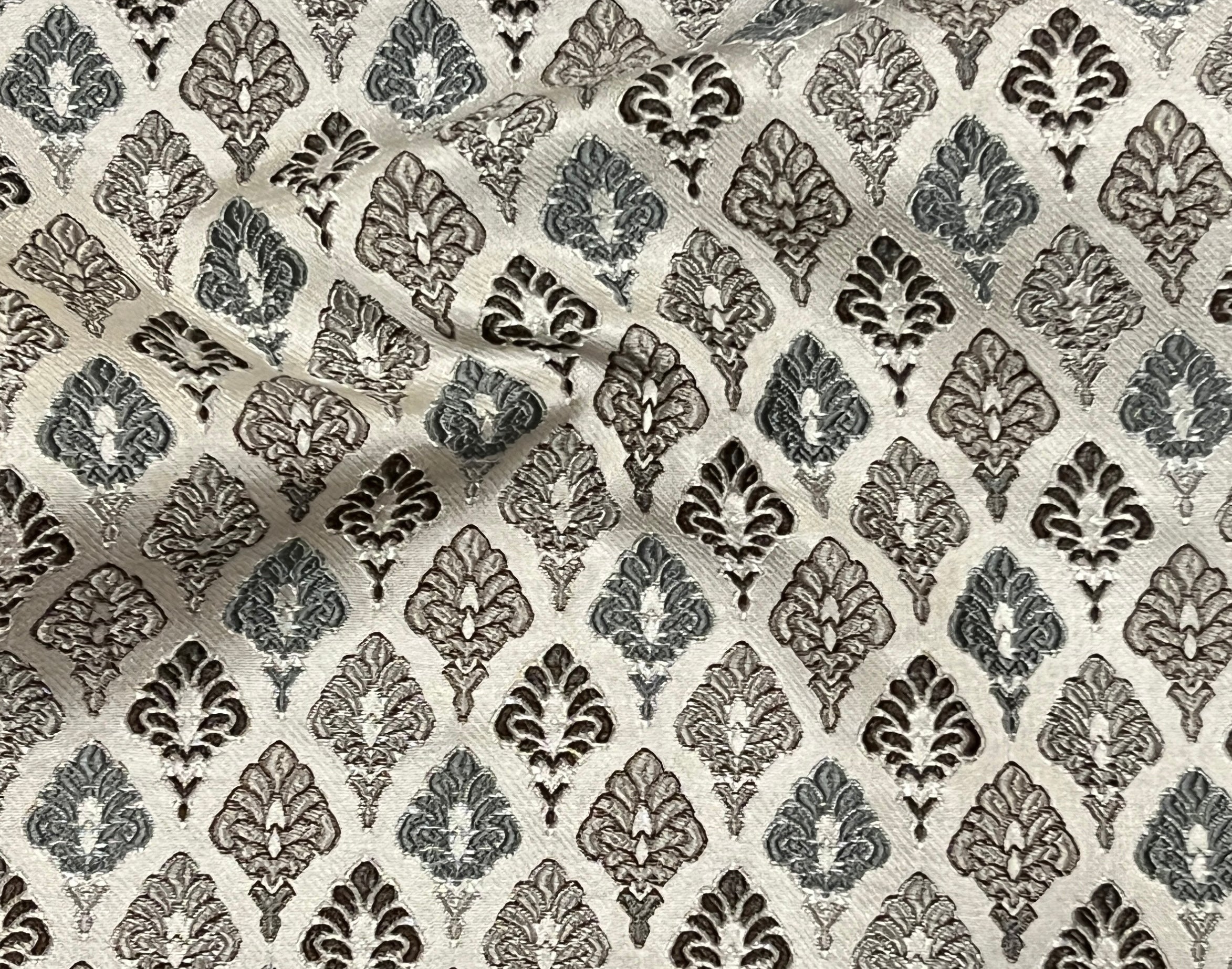 Damask Motifs representing Mughal Chandelier design in beige background with Gray design