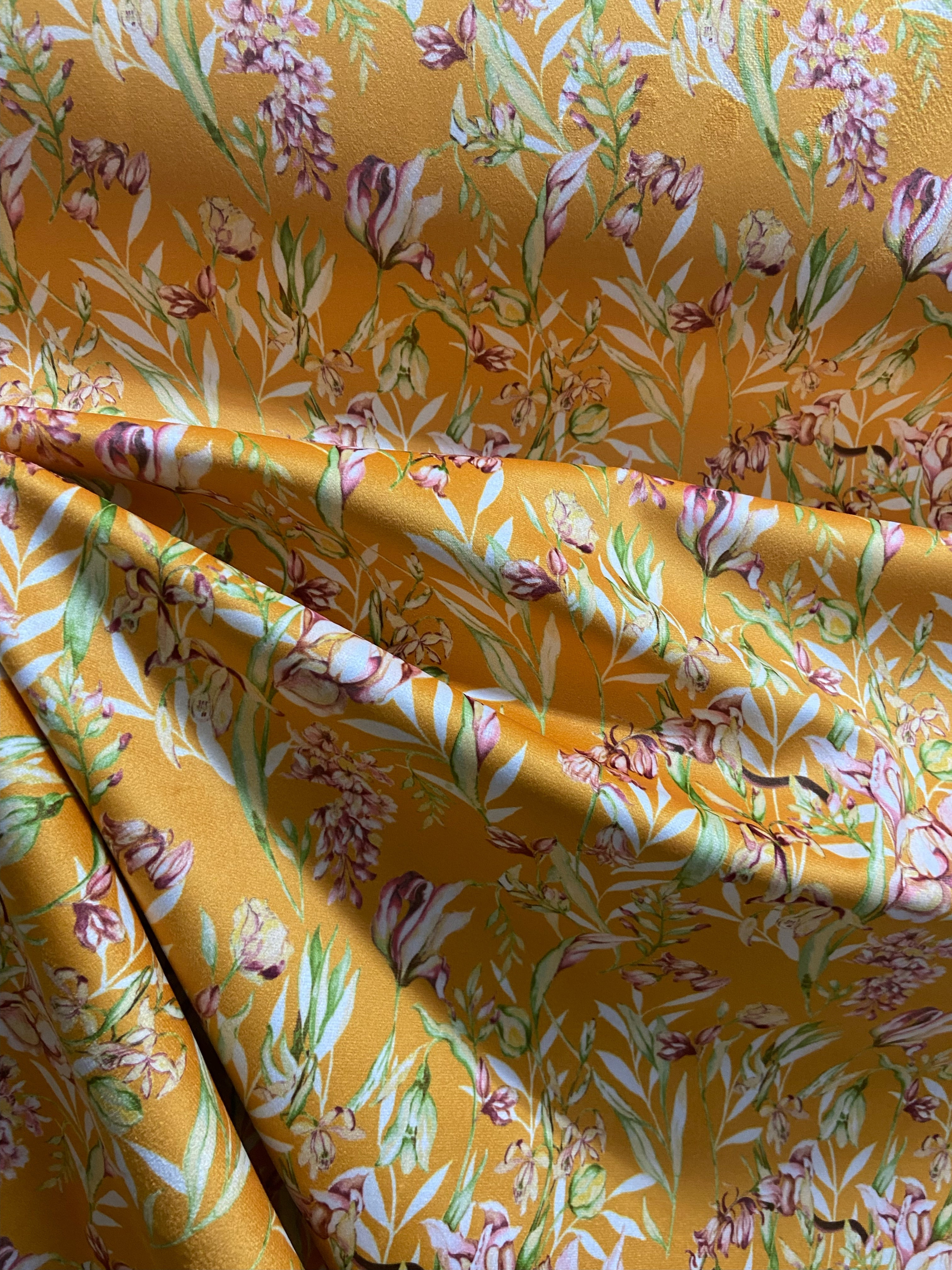 Floral pattern with green leaves and white flowers on Orange background