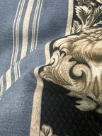 Decorative fabric with floral patterns in a striped design with Midnight Pewter  background