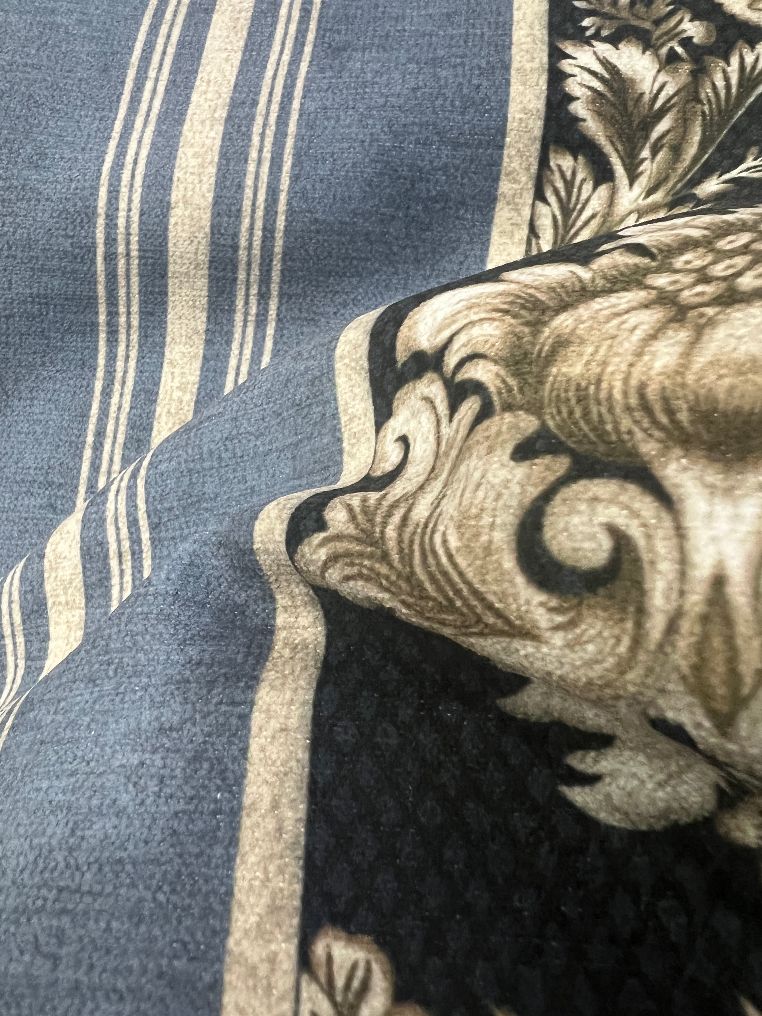 Decorative fabric with floral patterns in a striped design with Midnight Pewter  background