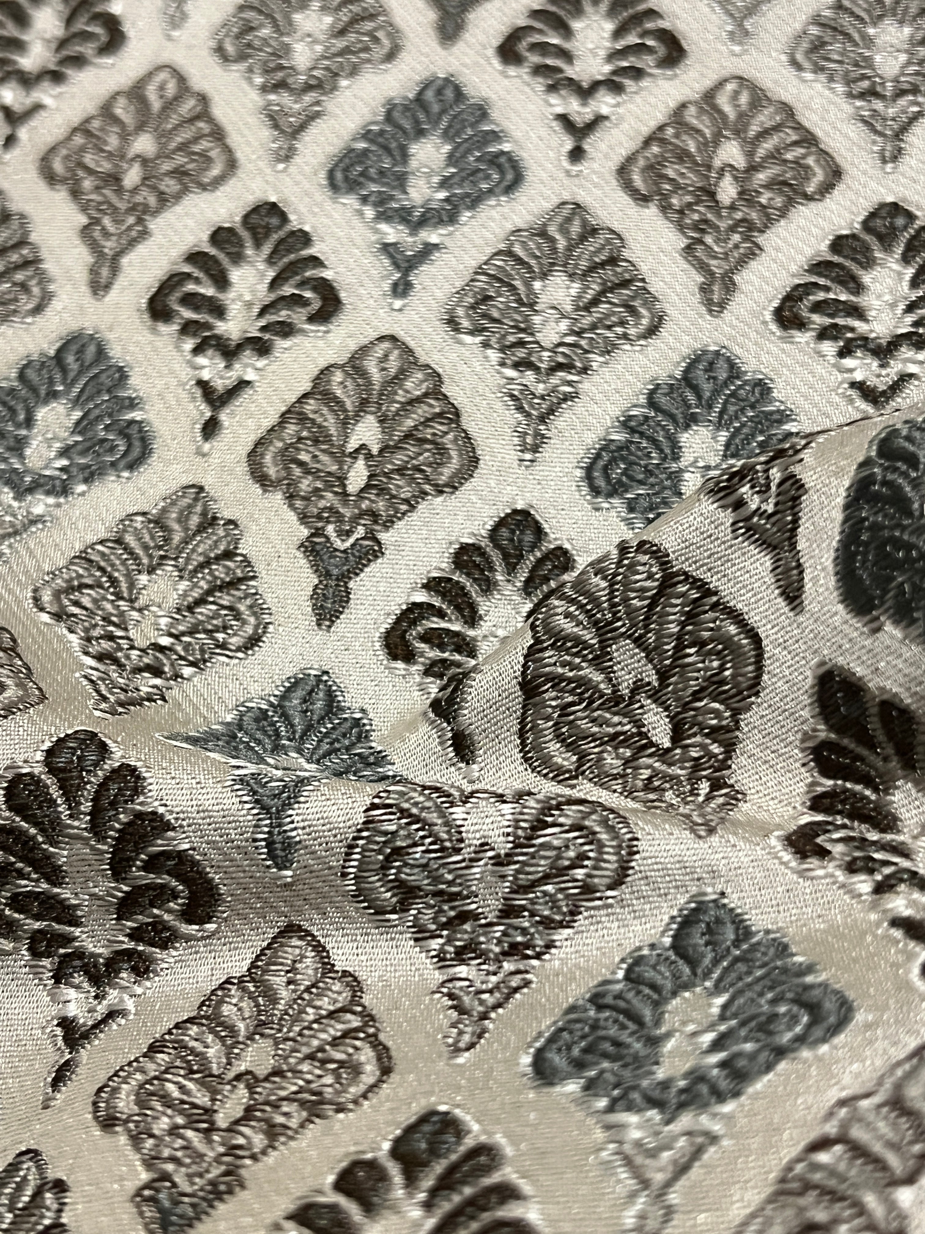 Damask Motifs representing Mughal Chandelier design in beige background with Gray design