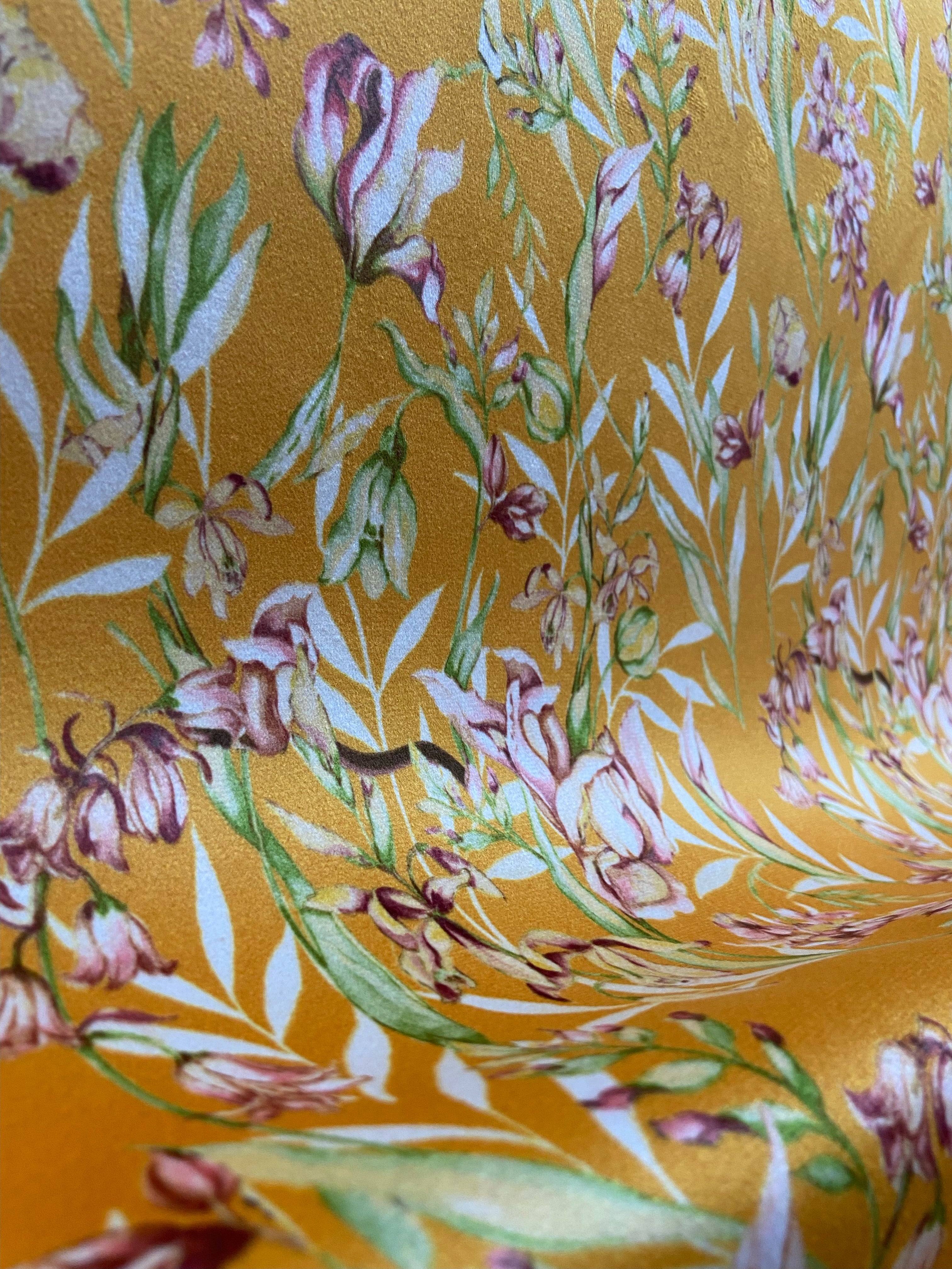 Floral pattern with green leaves and white flowers on Orange background