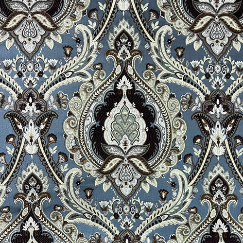 Decorative Baroque Paisley Medallion Damask Fabric on Blue background