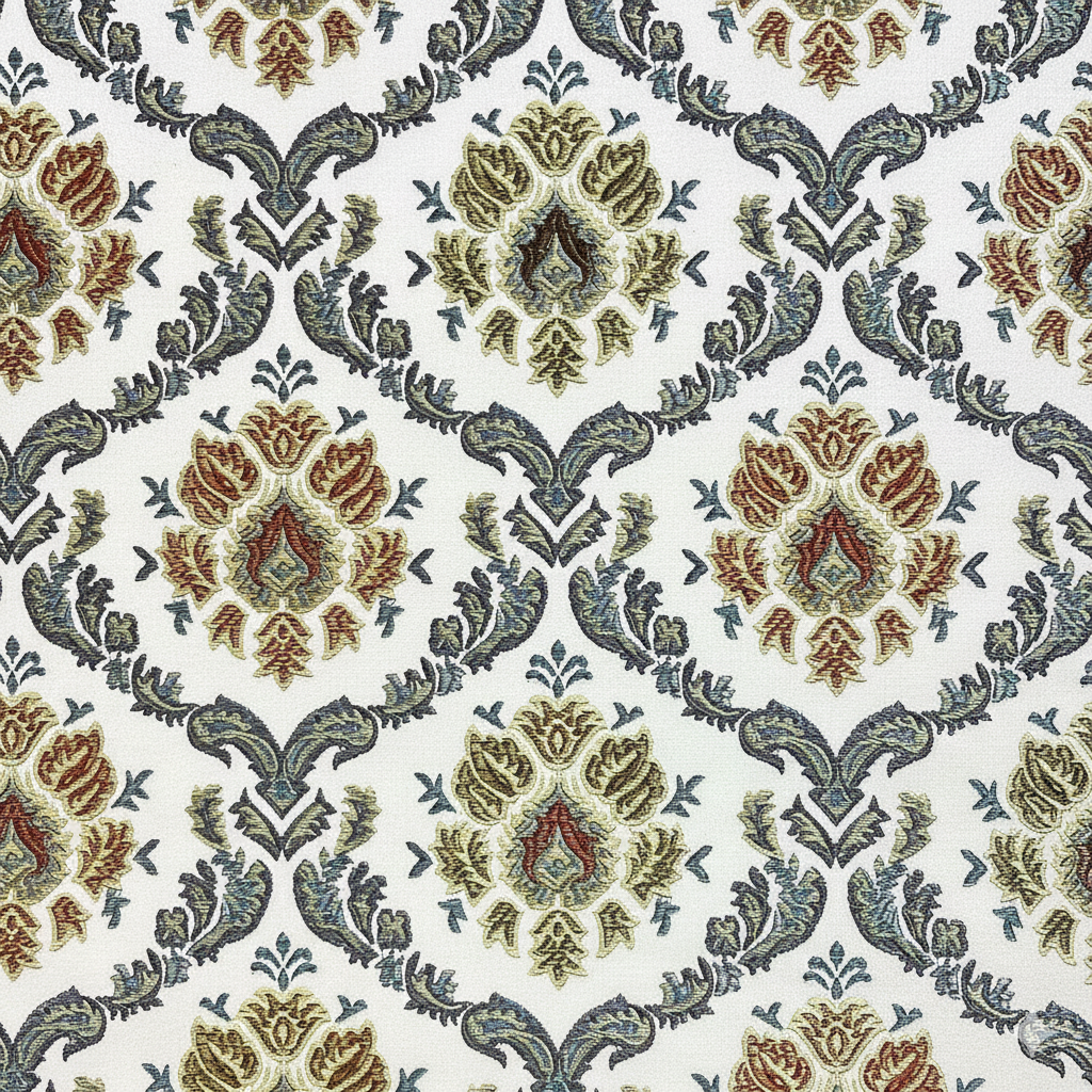 Decorative fabric with intricate Rust floral pattern on a beige background