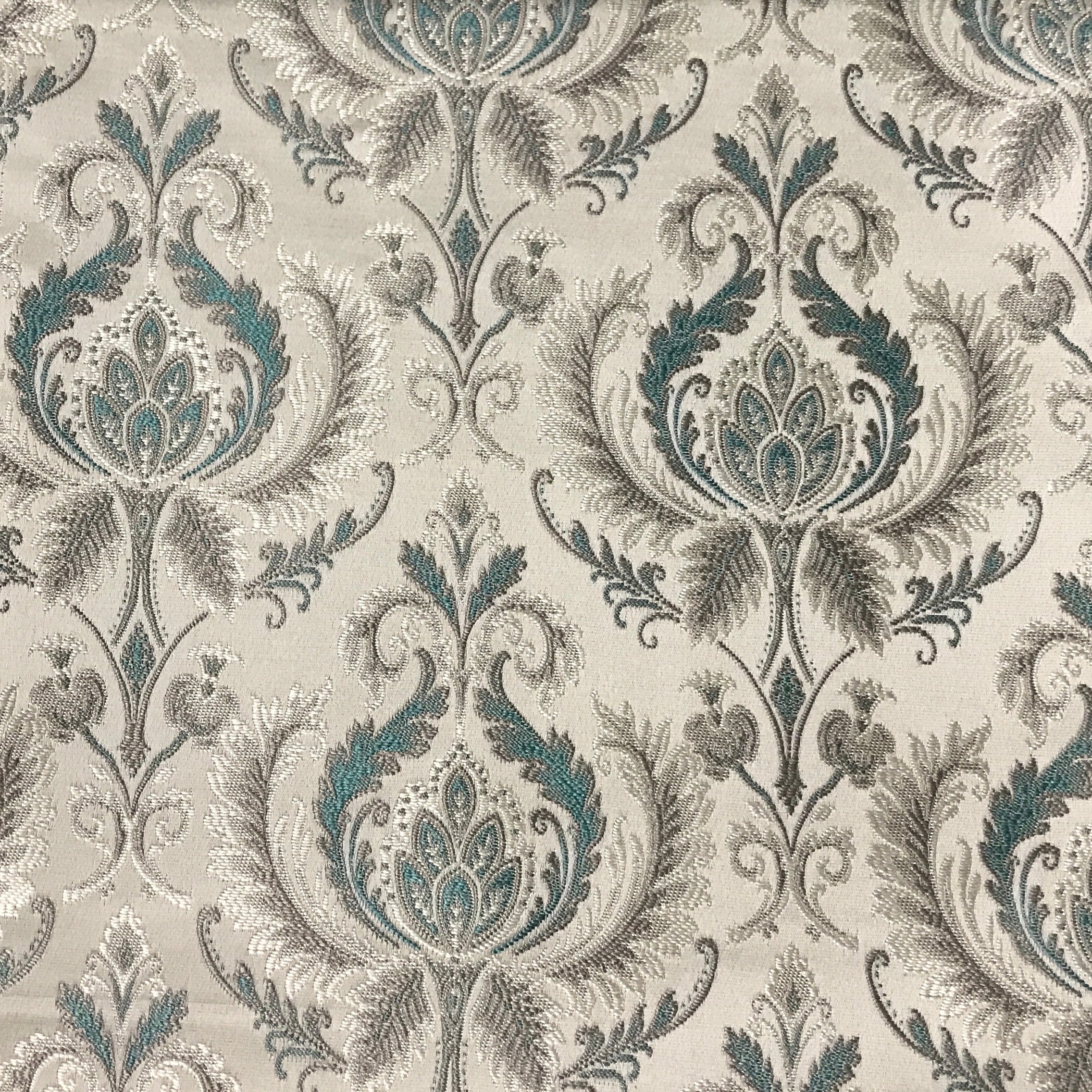 Sapphire blue damask upholstery fabric by the yard, close-up pattern view
