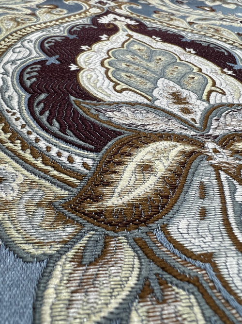 Decorative Baroque Paisley Medallion Damask Fabric on Blue background