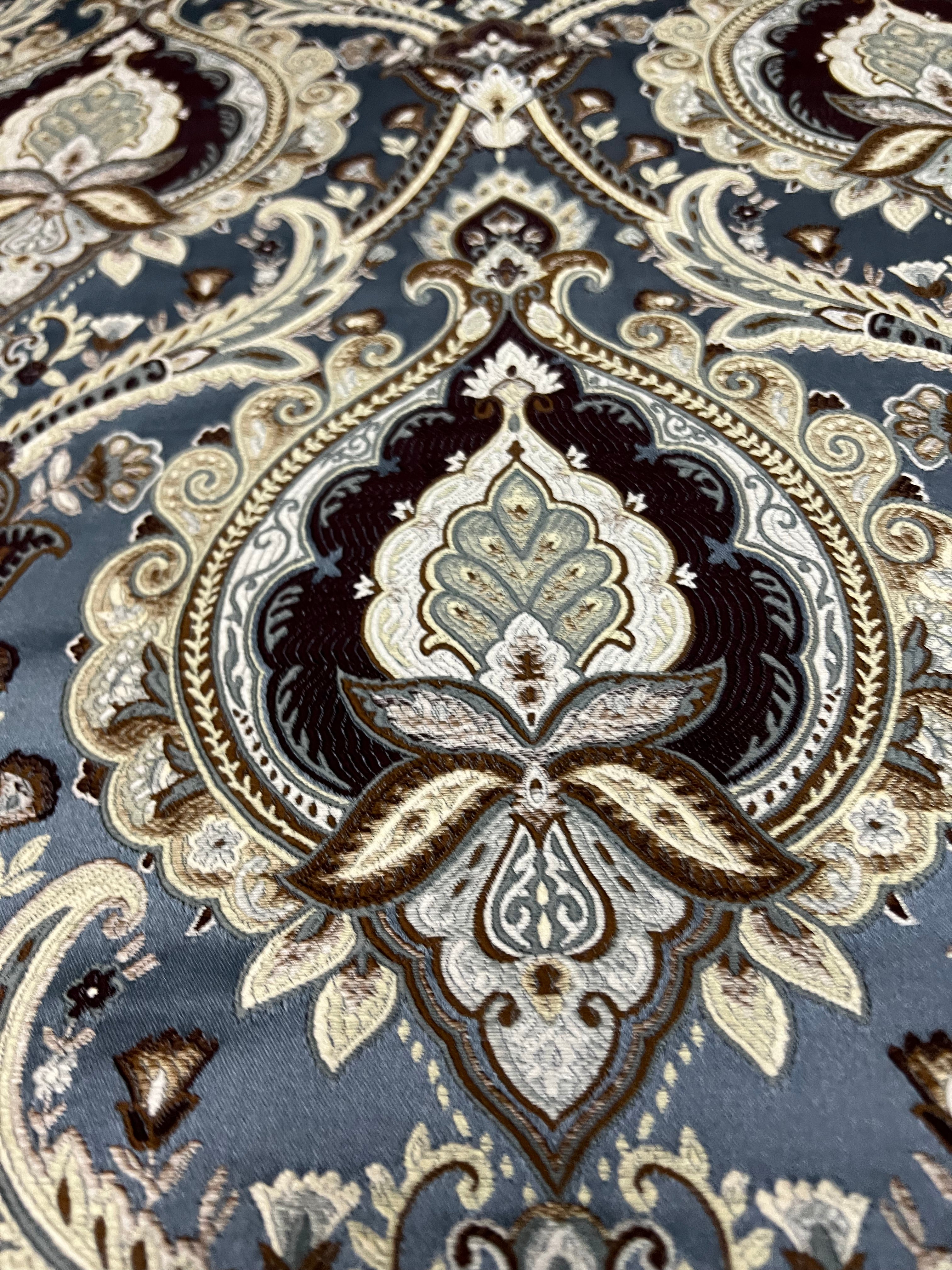 Decorative Baroque Paisley Medallion Damask Fabric on Blue background