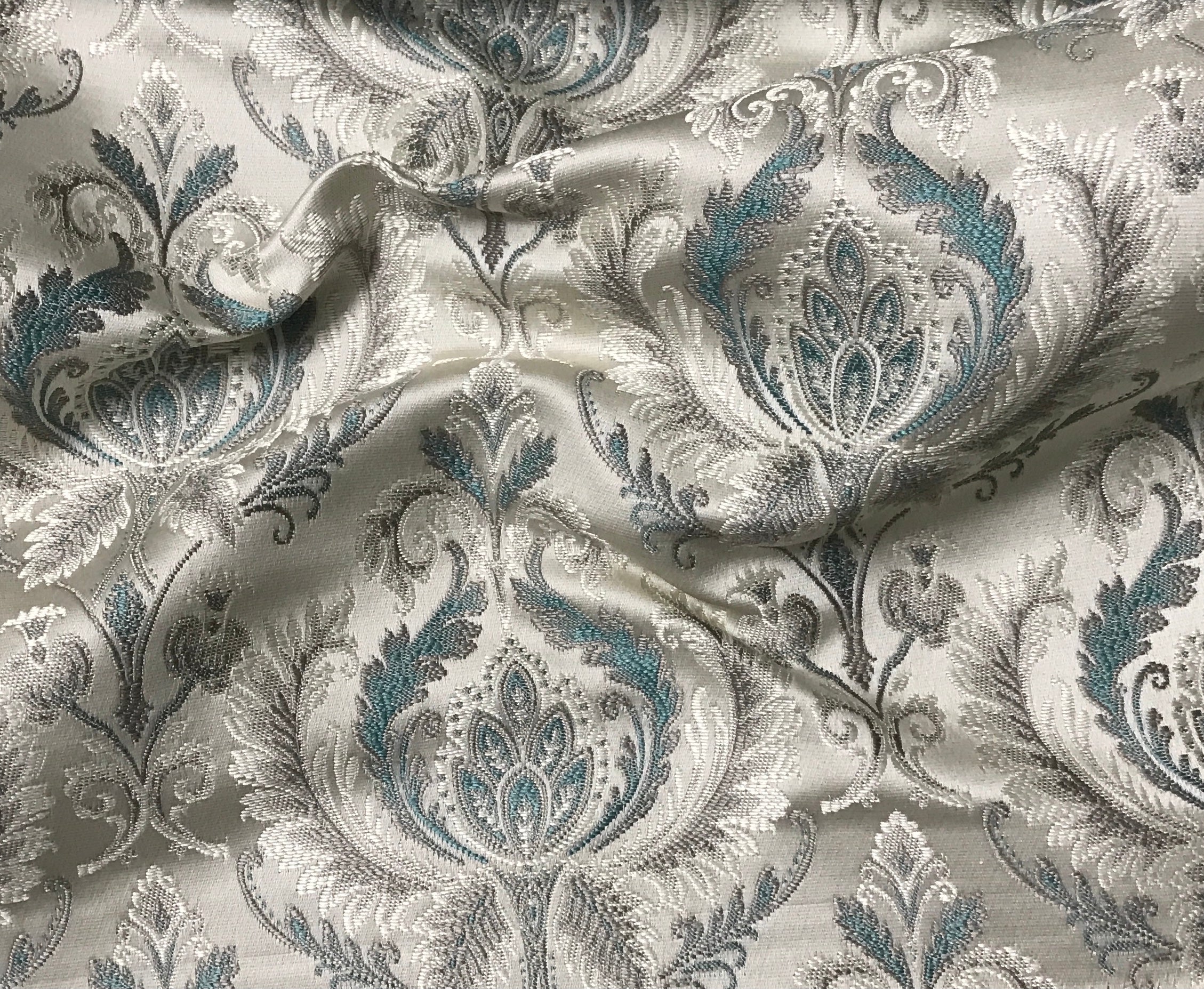 Sapphire blue damask fabric by the yard, full pattern layout view