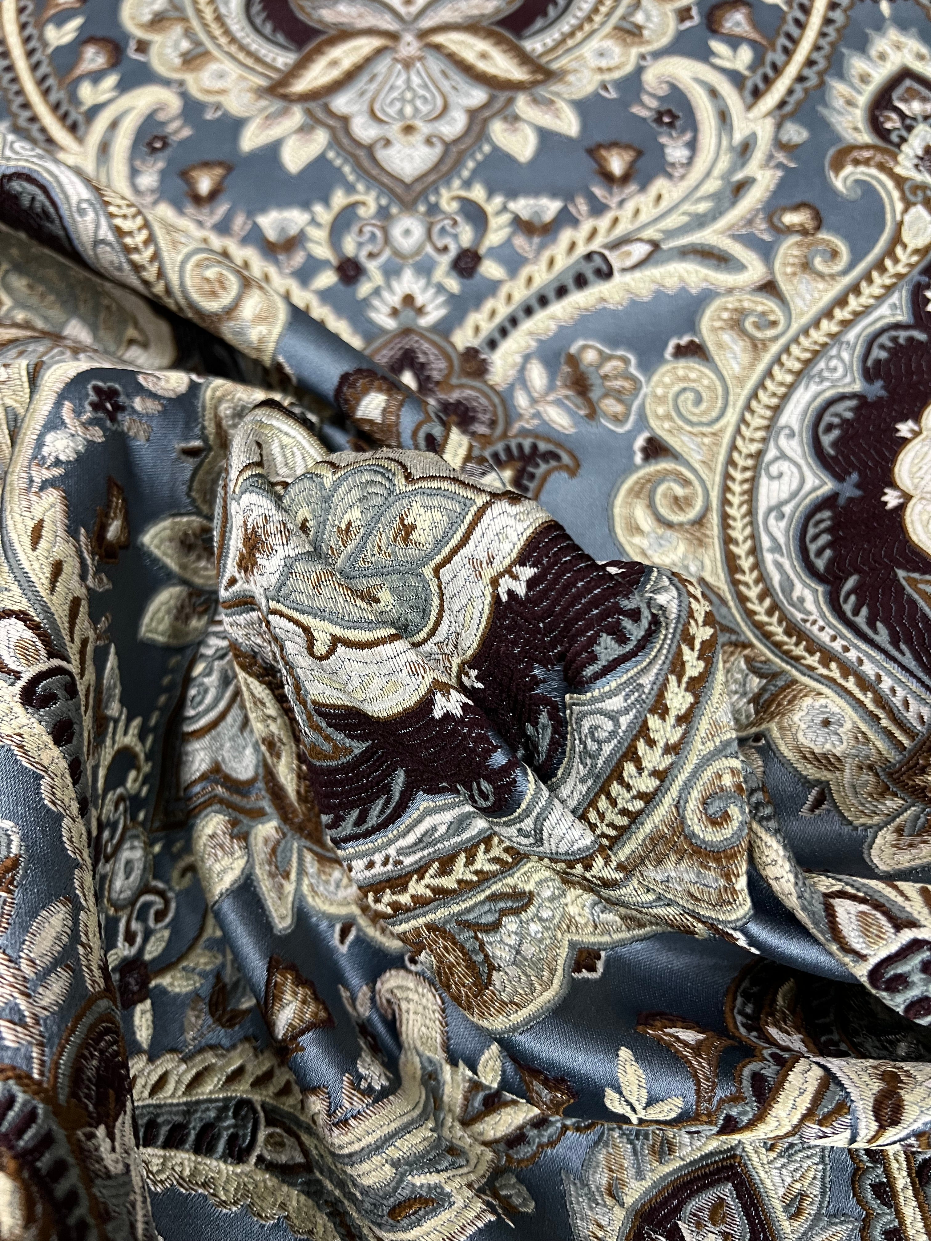 Decorative Baroque Paisley Medallion Damask Fabric on Blue background