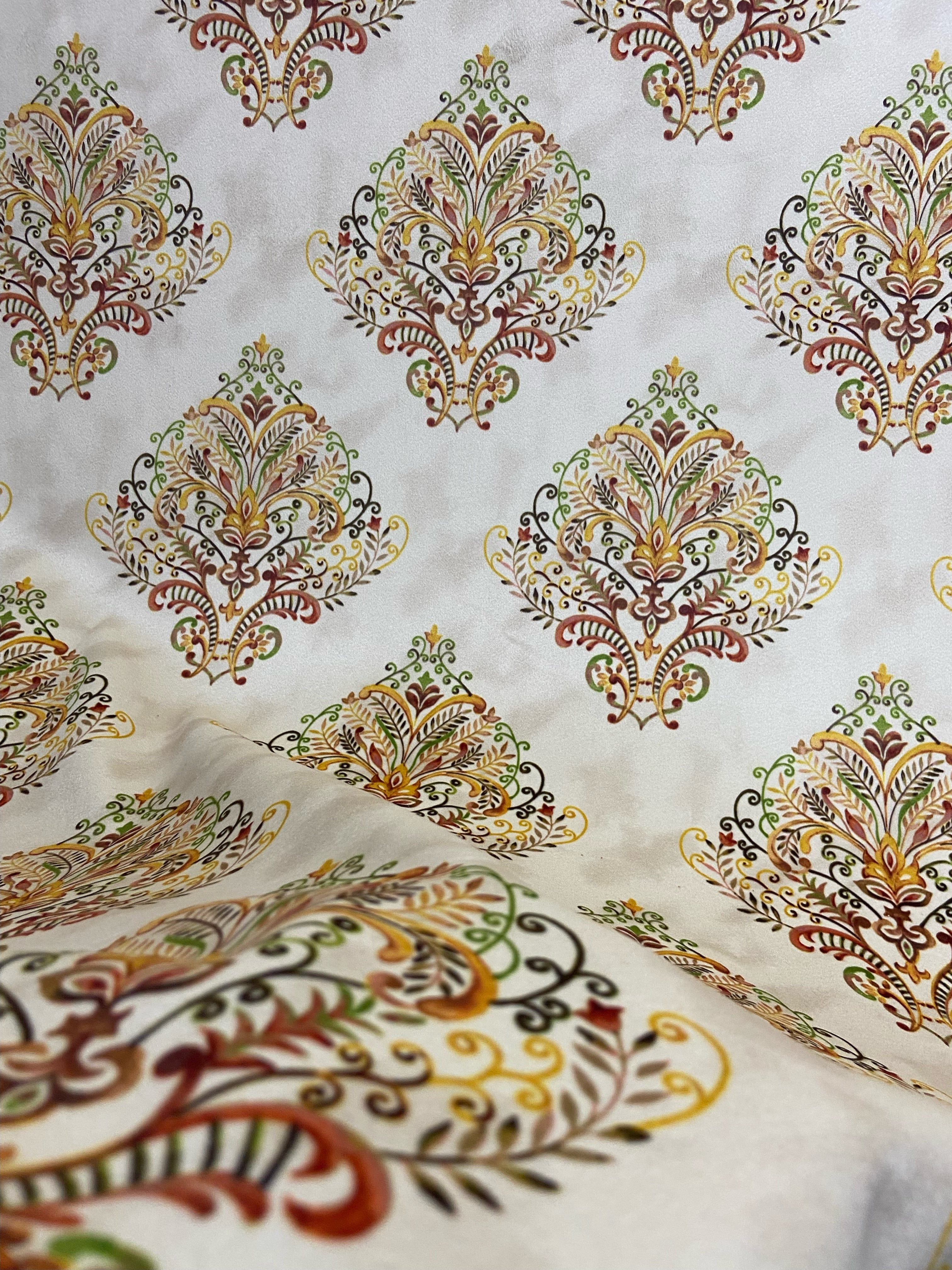 Decorative fabric pattern with Orange designs on a taupe background