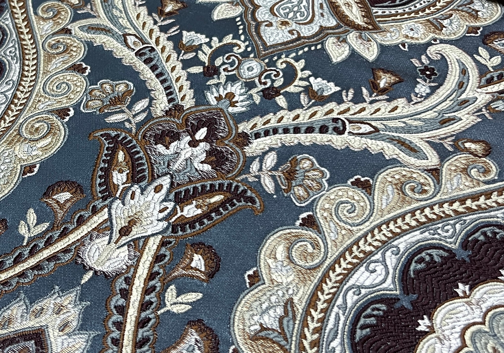 Decorative Baroque Paisley Medallion Damask Fabric on Blue background