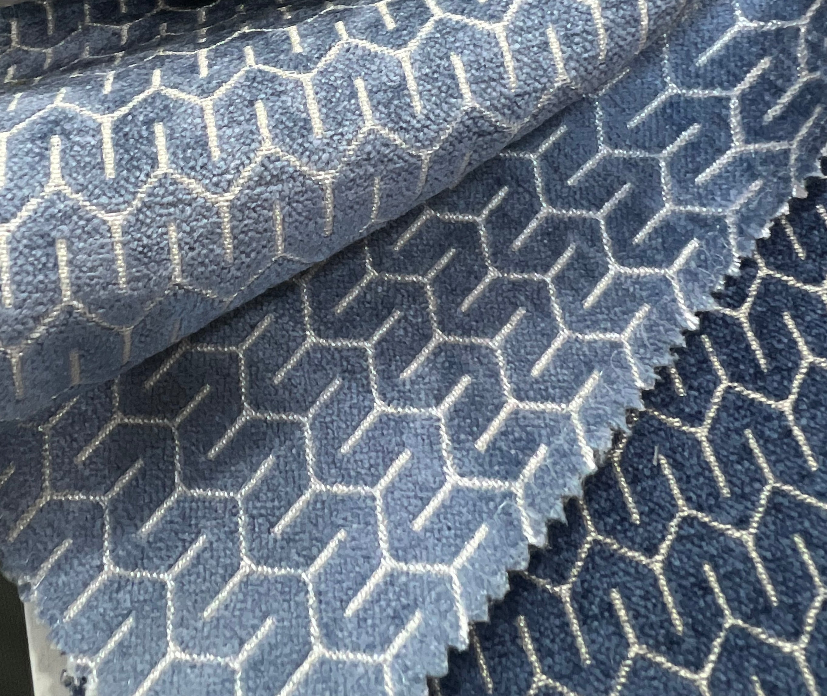 Denim Blue jacquard fabric surface pattern – polyester cotton viscose blend, sold by the metre yard