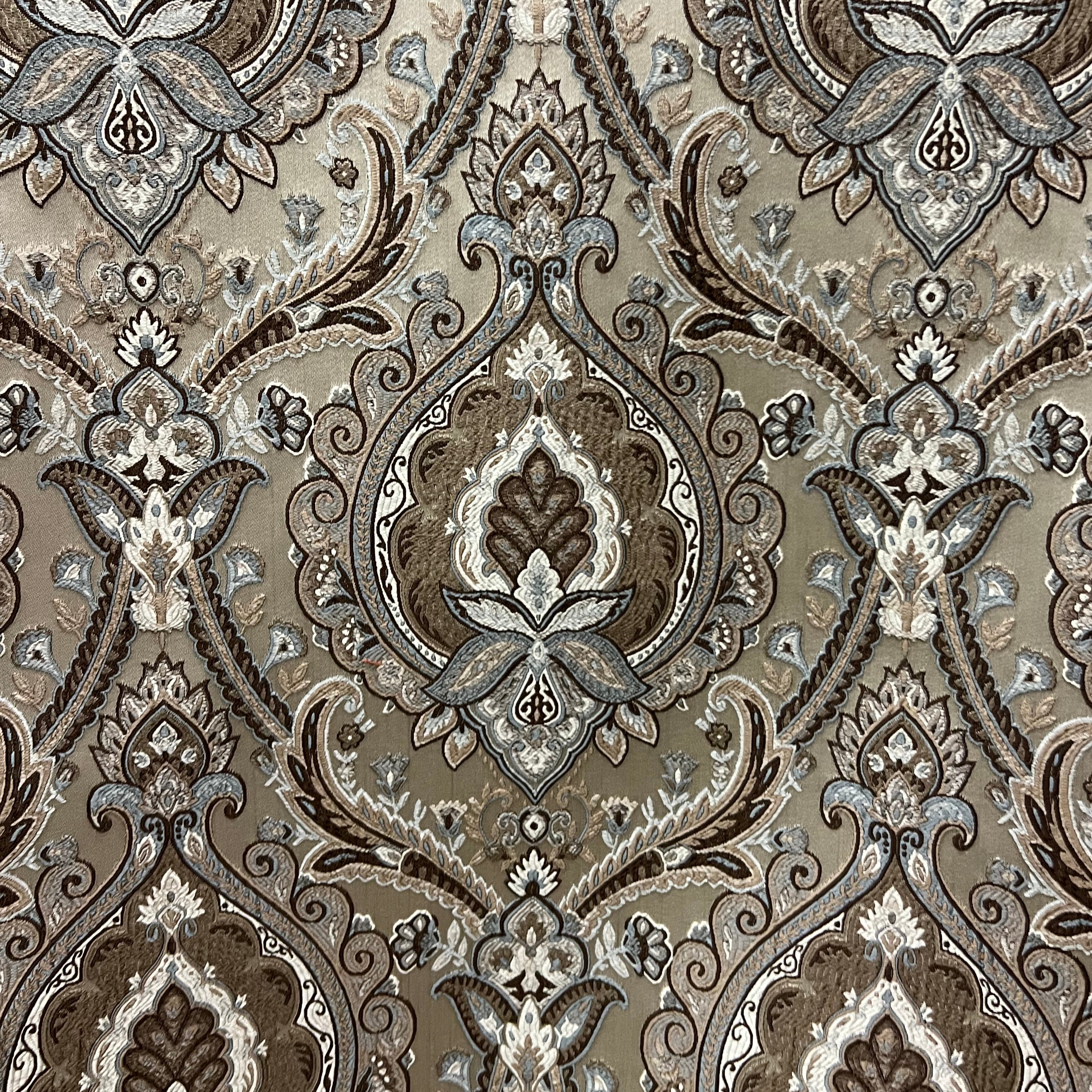 Decorative Baroque Paisley Medallion Damask Fabric on Chocolate background