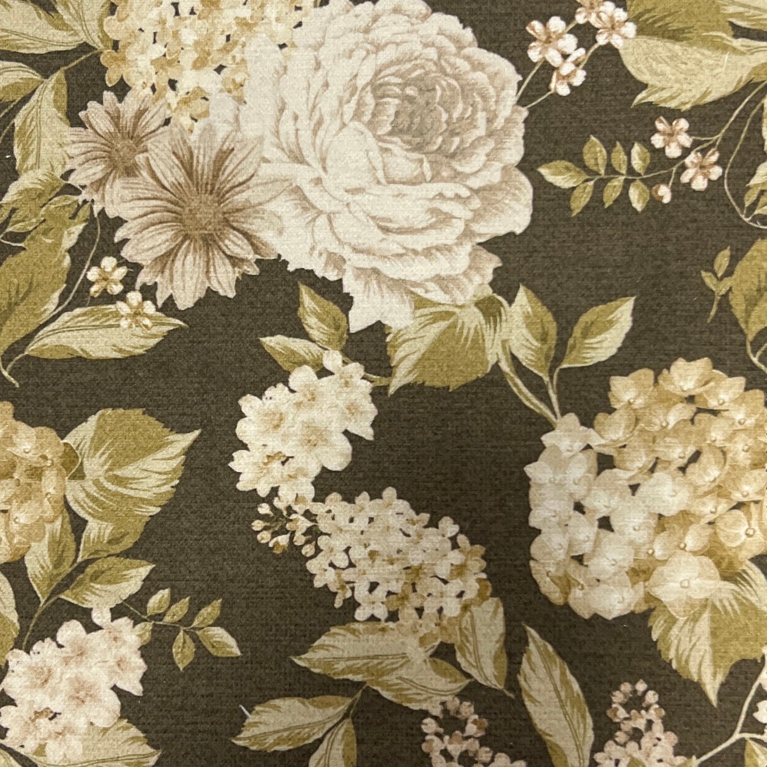 Floral pattern with white and beige flowers on a Olive background
