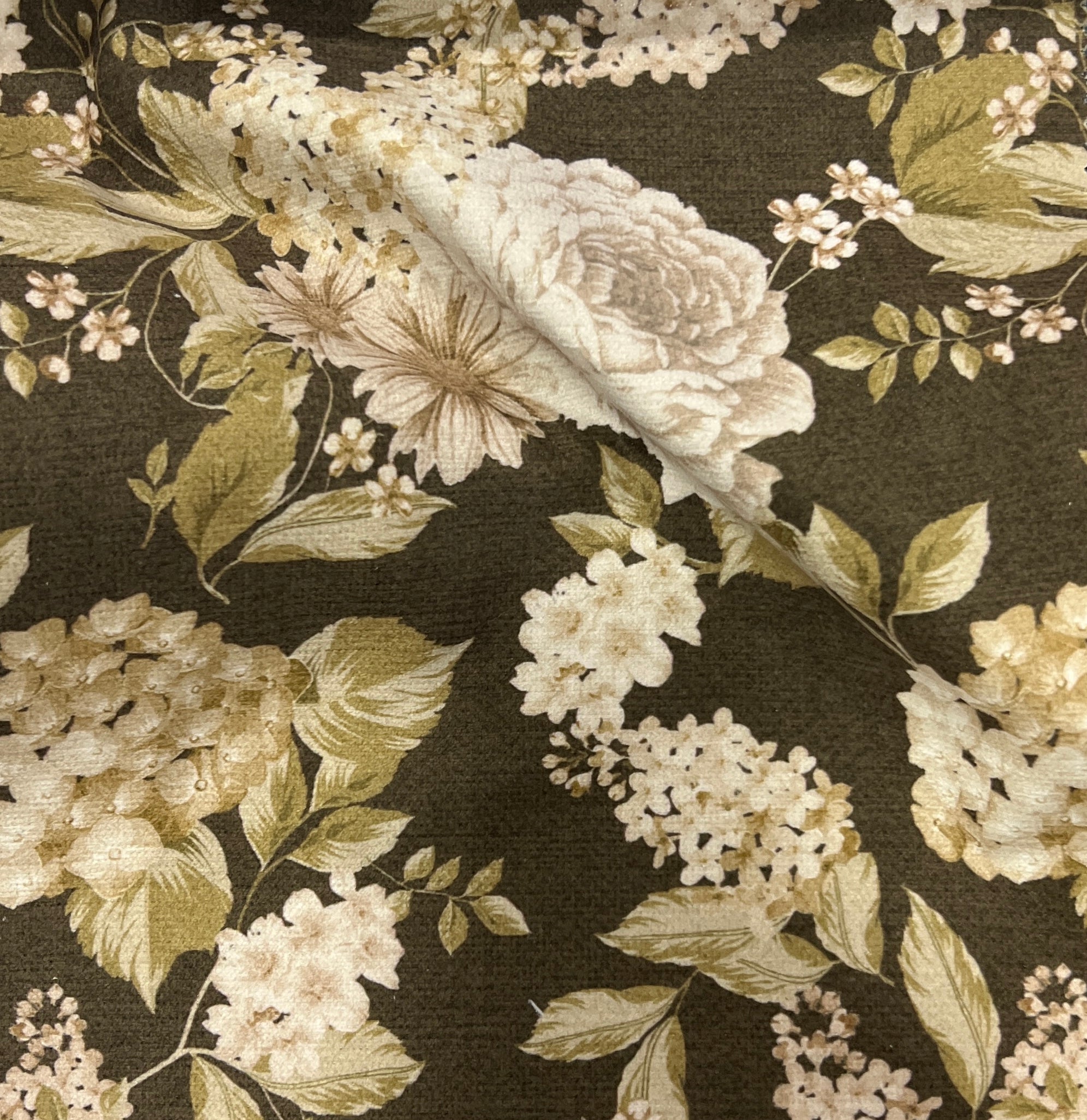 Floral pattern with white and beige flowers on a Olive background