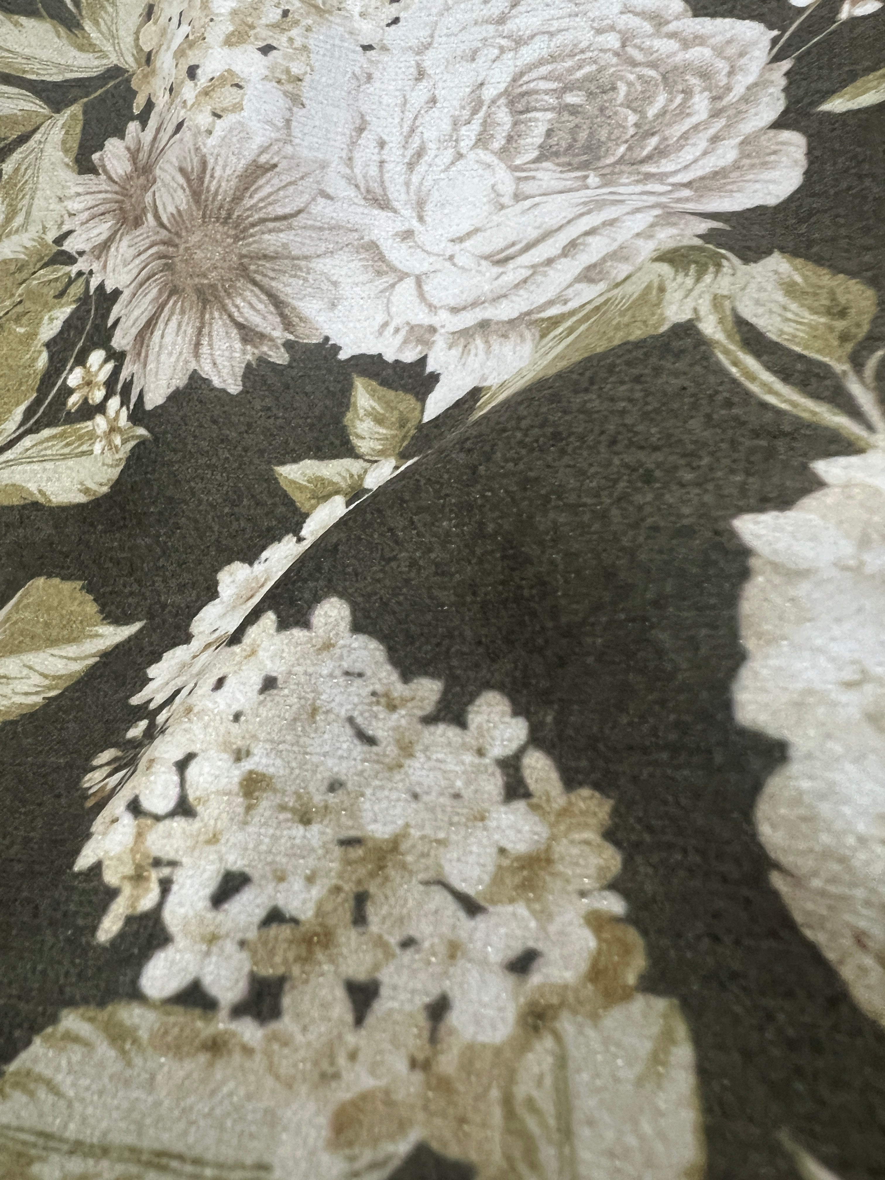 Floral pattern with white and beige flowers on a Olive background