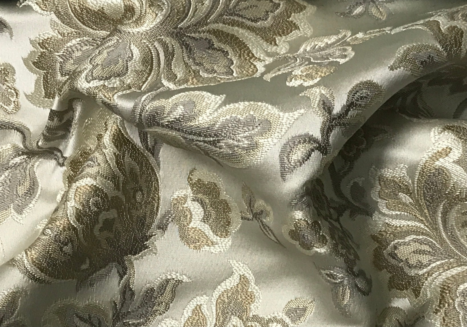 Gold floral jacquard fabric by the yard, full pattern layout view.