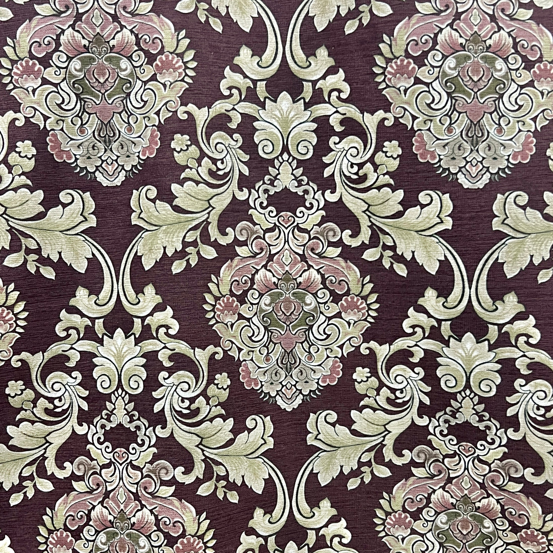 Decorative pattern with intricate floral Damask designs on a Bordeaux Sage background