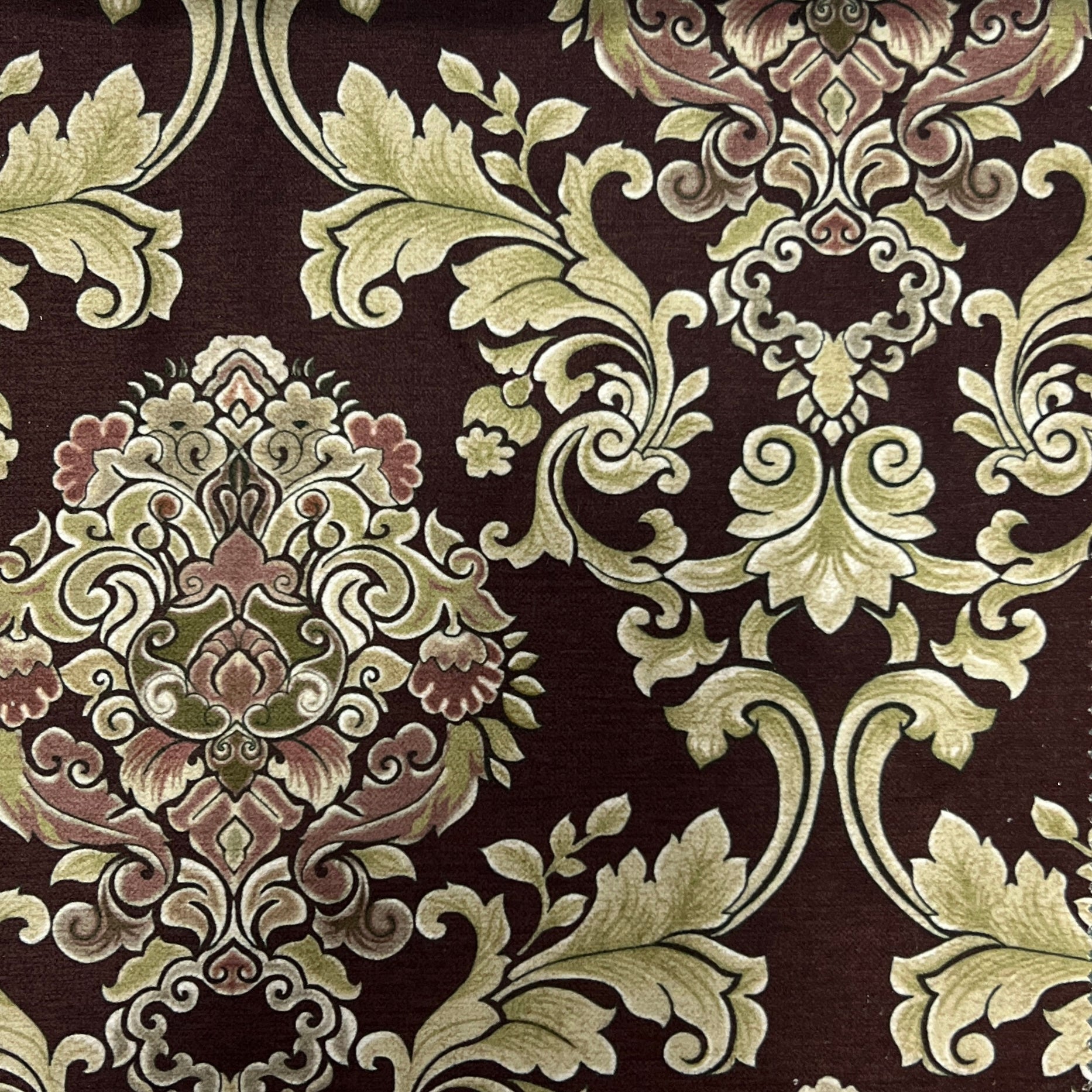 Decorative pattern with intricate floral Damask designs on a Bordeaux Sage background