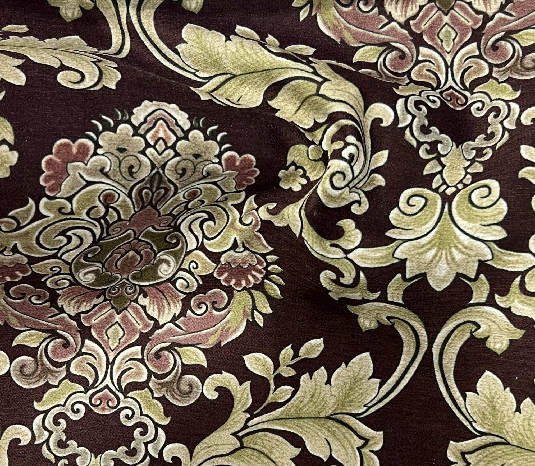 Decorative pattern with intricate floral Damask designs on a Bordeaux Sage background