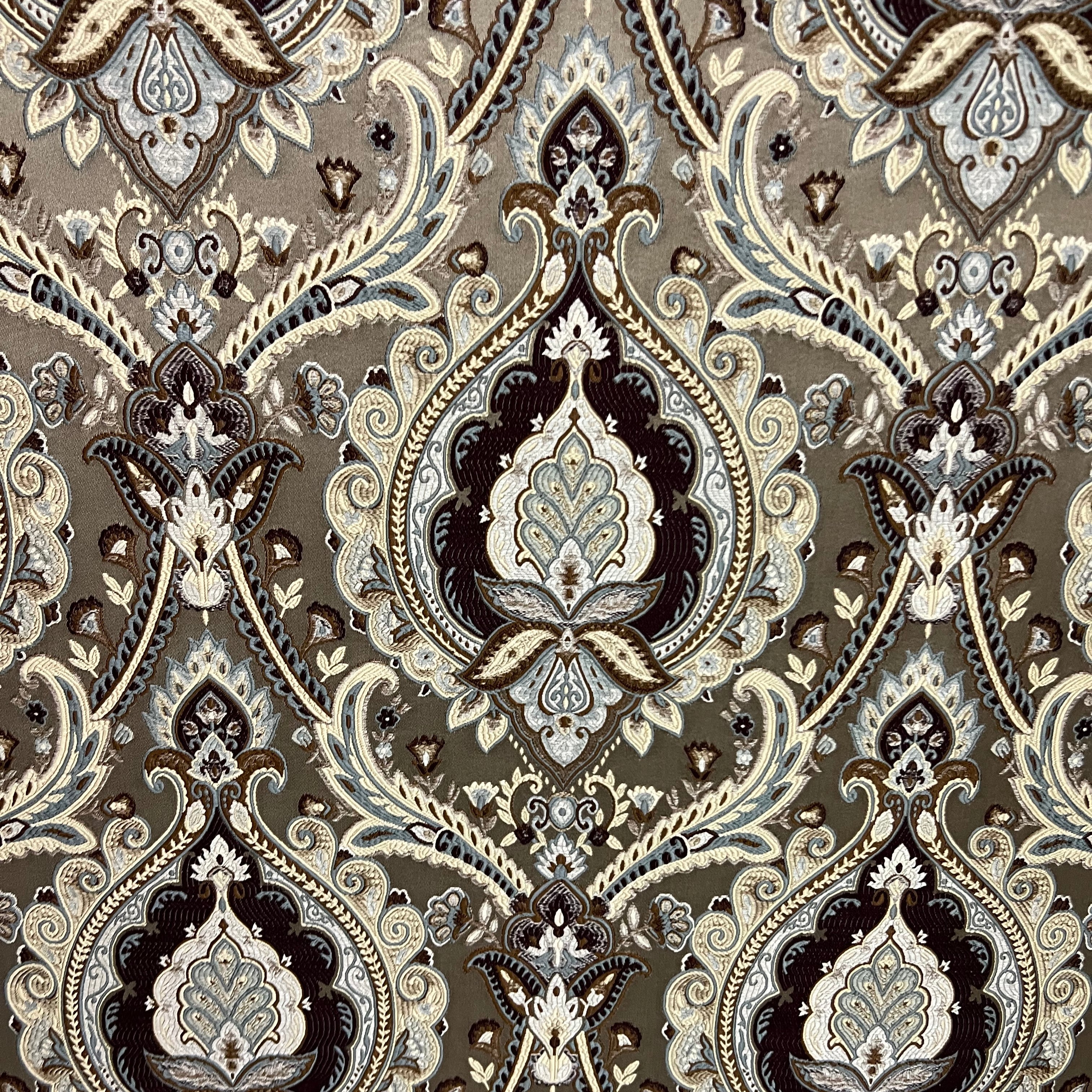 Decorative Baroque Paisley Medallion Damask Fabric on Brownish Maroon background