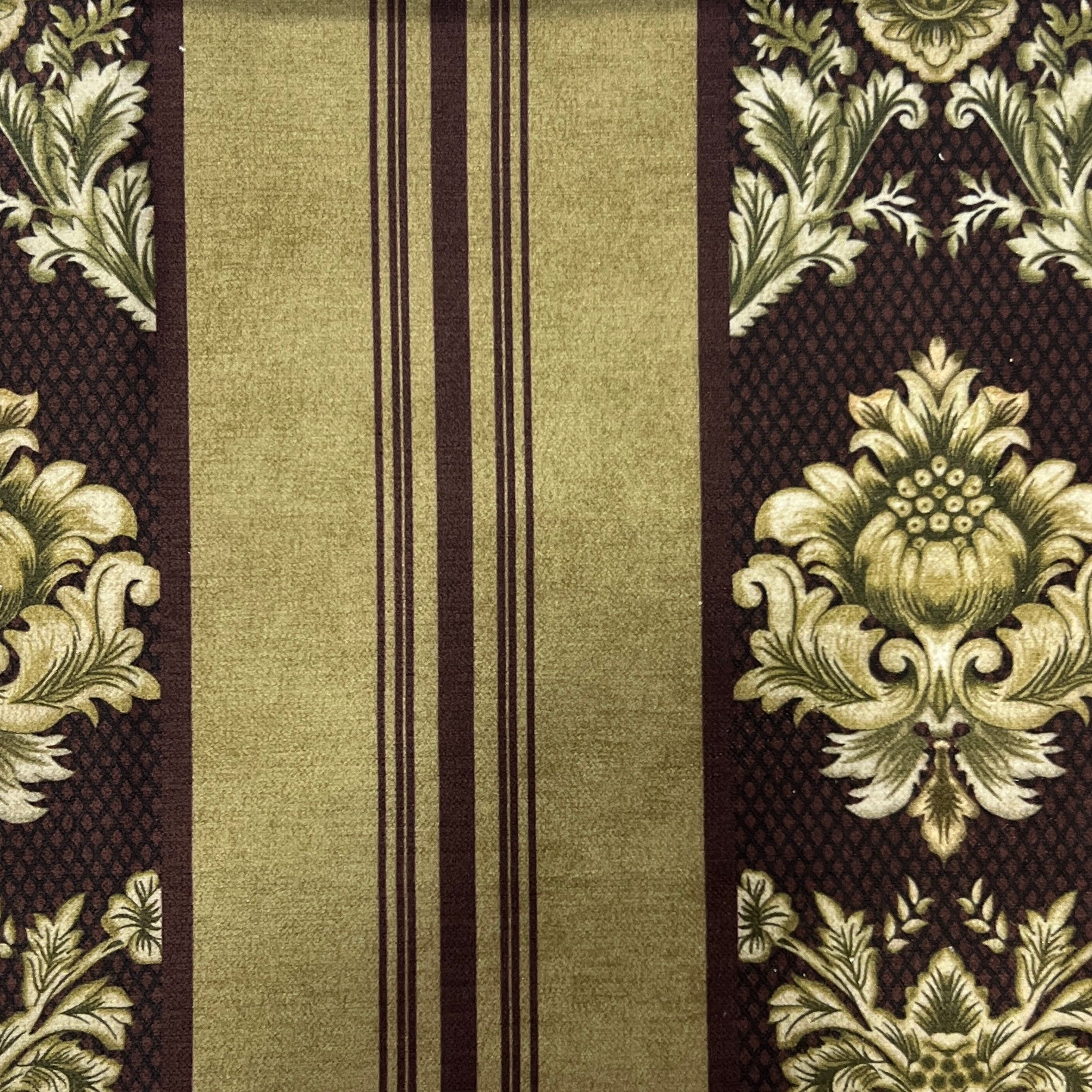 Decorative fabric with floral patterns in a striped design with Bordeaux Sage  background