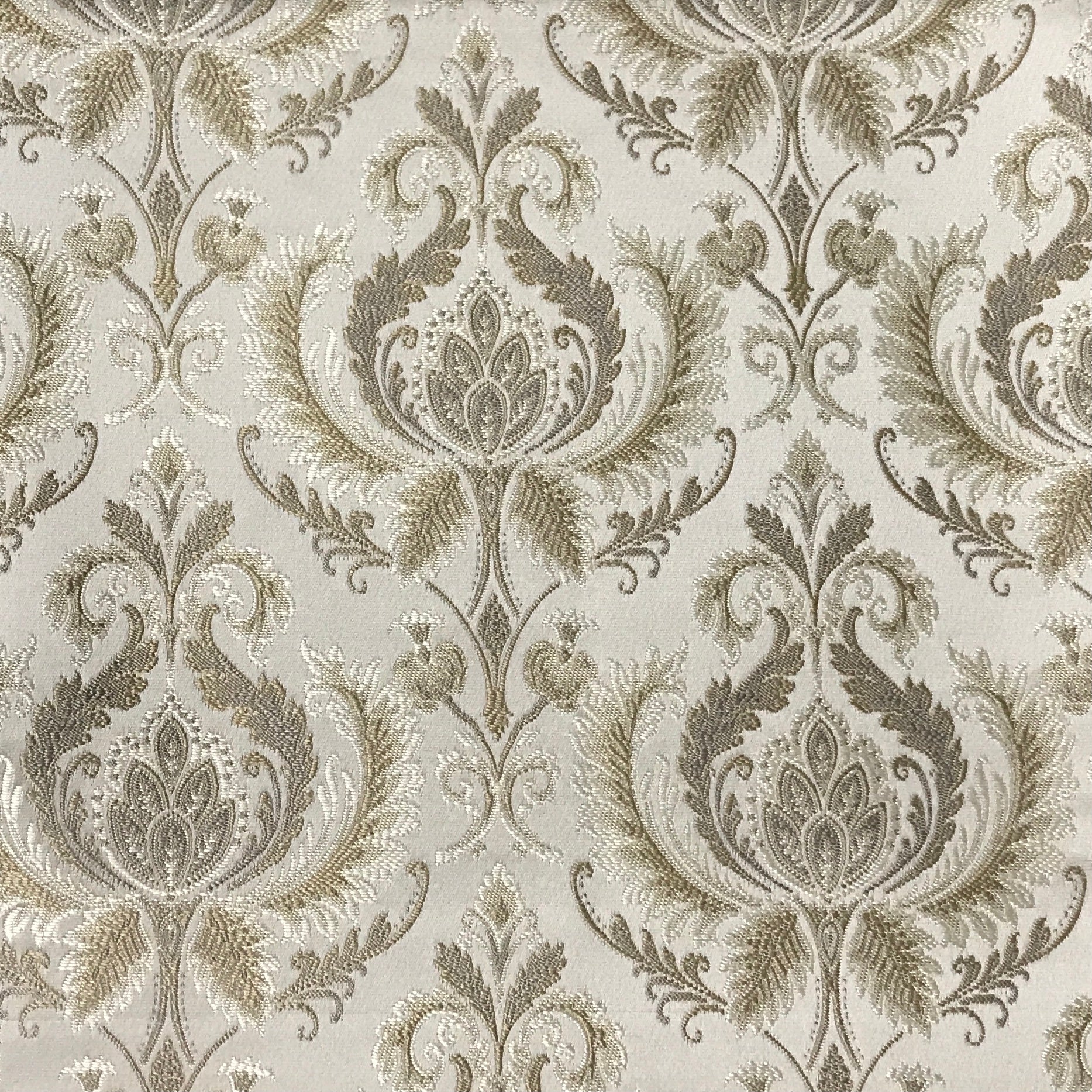 Gold damask upholstery fabric by the yard, close-up pattern view