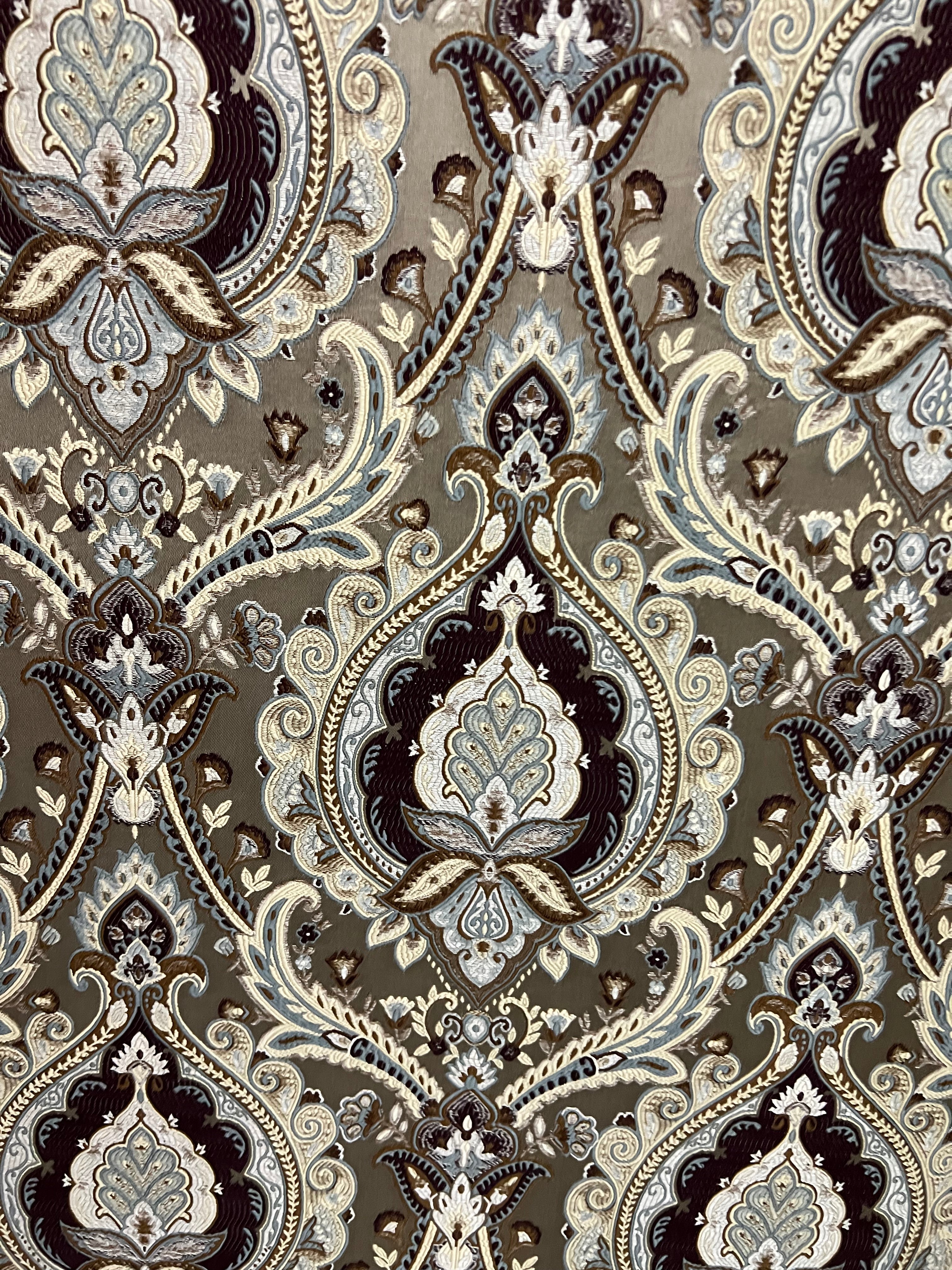 Decorative Baroque Paisley Medallion Damask Fabric on Brownish Maroon background