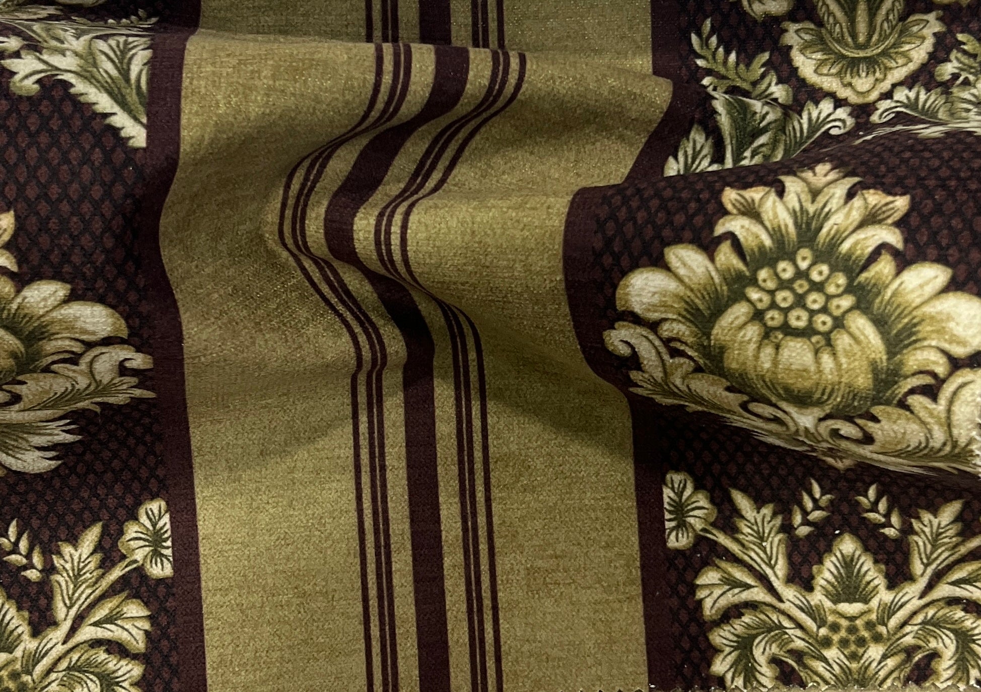 Decorative fabric with floral patterns in a striped design with Bordeaux Sage  background