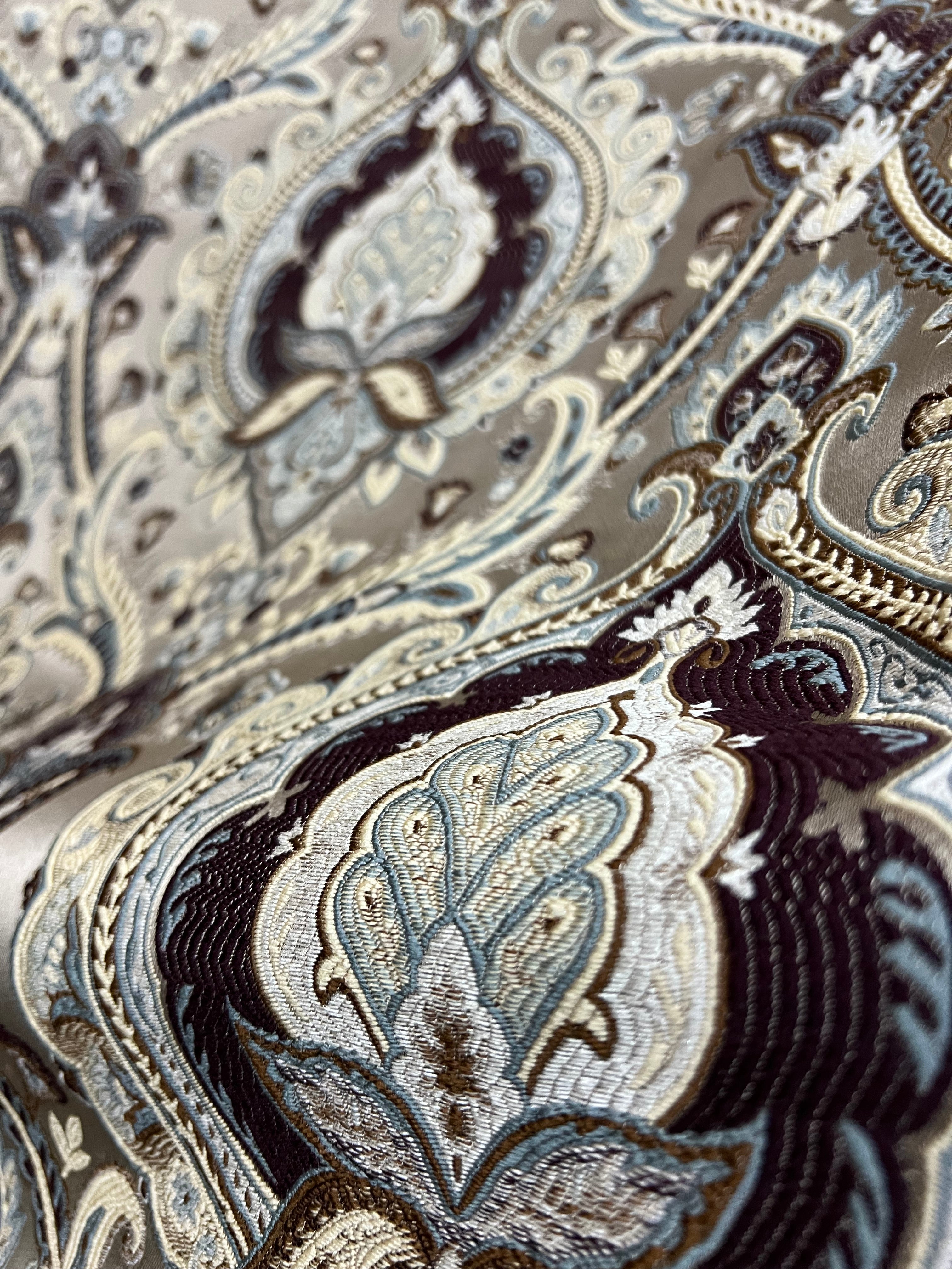 Decorative Baroque Paisley Medallion Damask Fabric on Brownish Maroon background