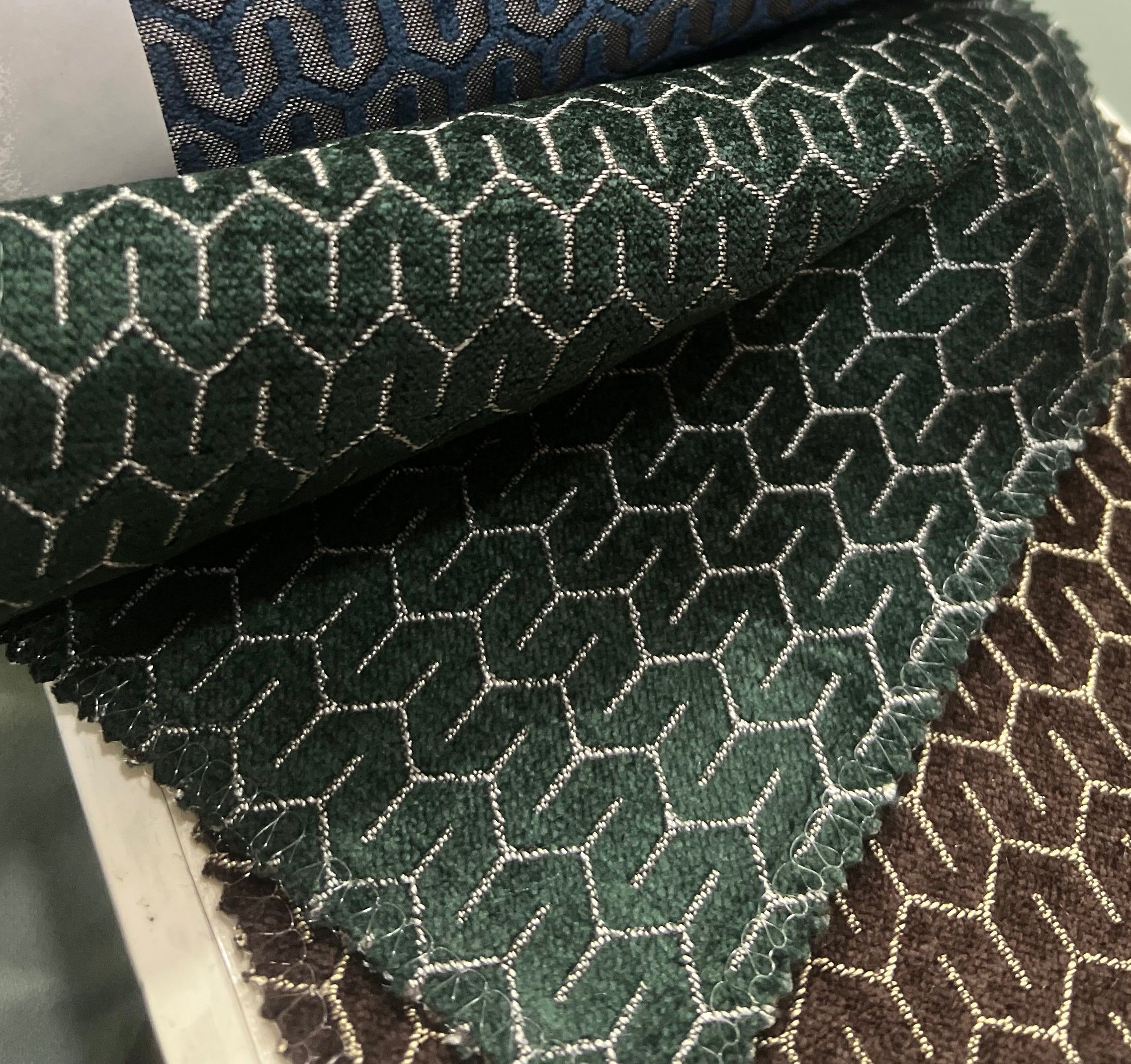 Bottle Green chenille fabric weave detail – premium upholstery material by Decora Furnishings