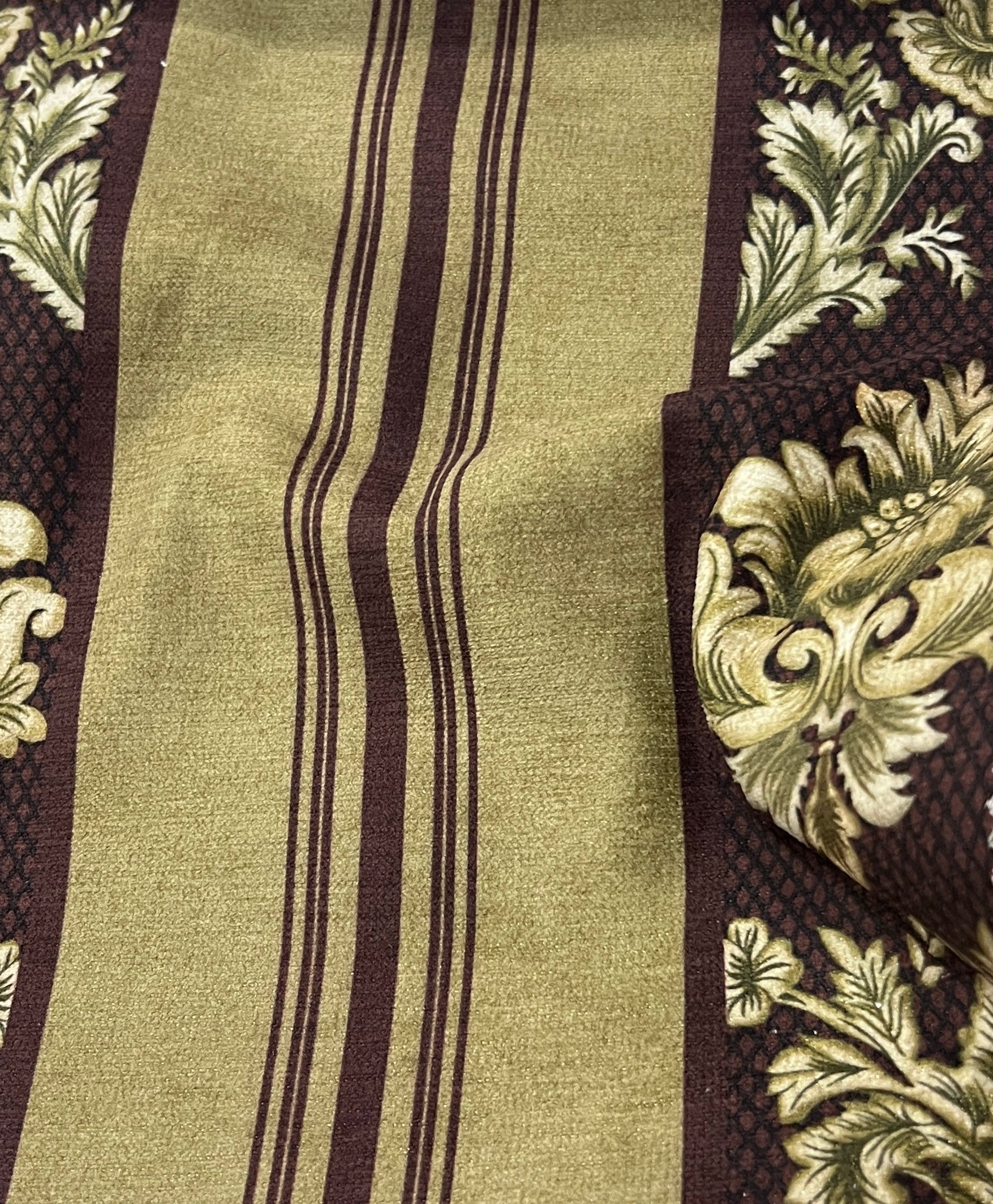 Decorative fabric with floral patterns in a striped design with Bordeaux Sage  background