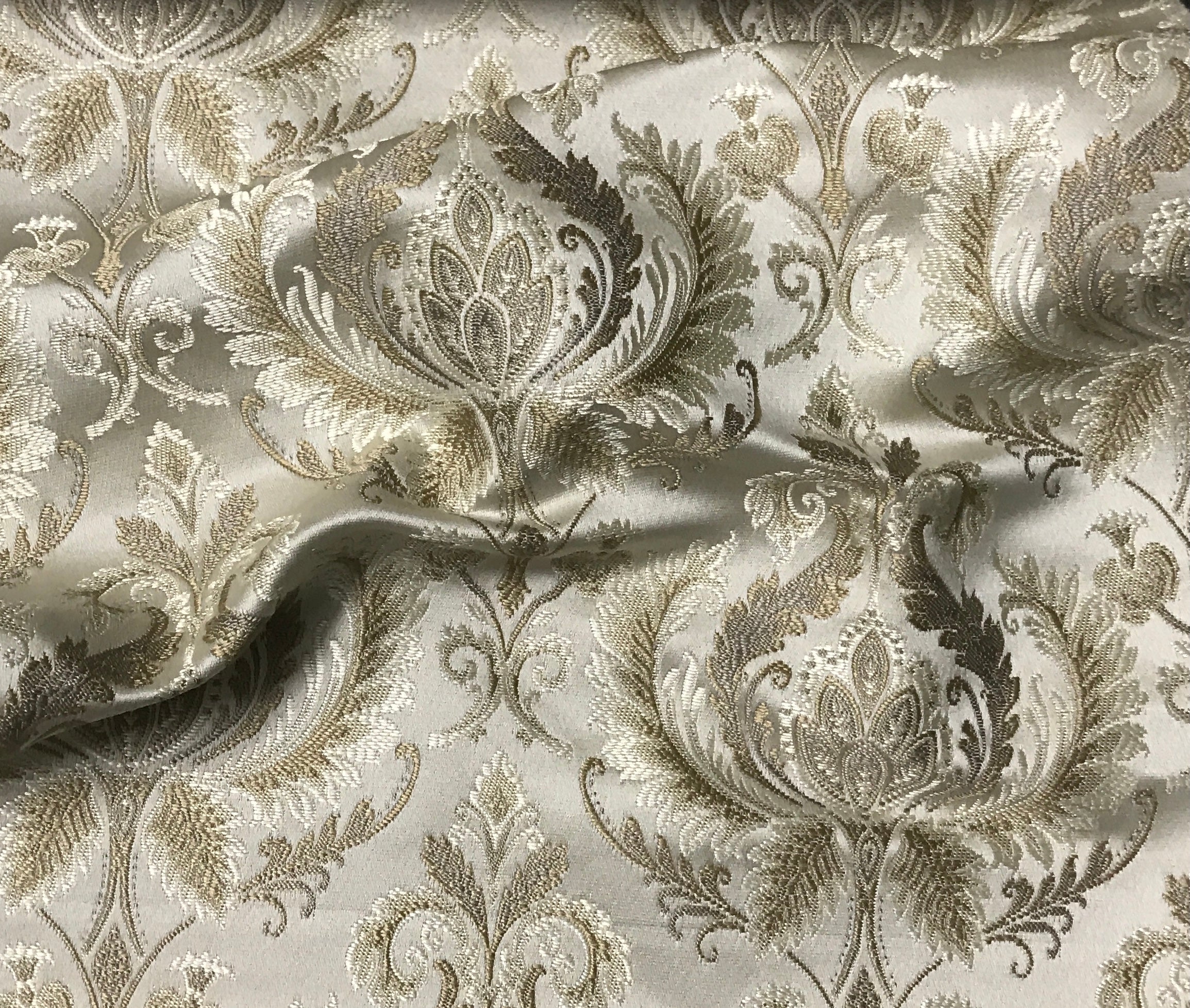 Gold damask fabric by the yard, full pattern layout view