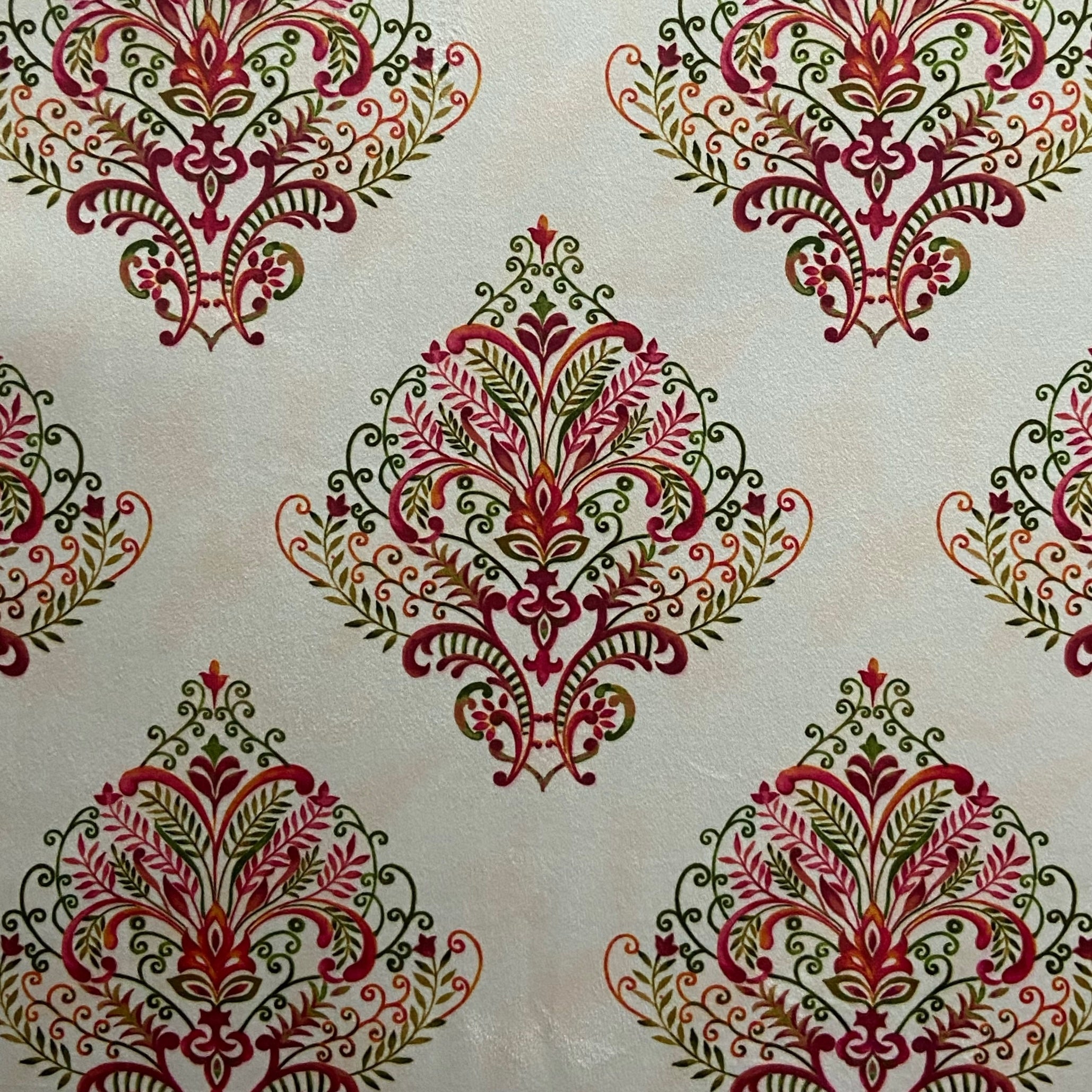Decorative fabric pattern with Maroon designs on a taupe background