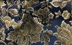 Navy floral jacquard fabric by the yard, full pattern layout view.