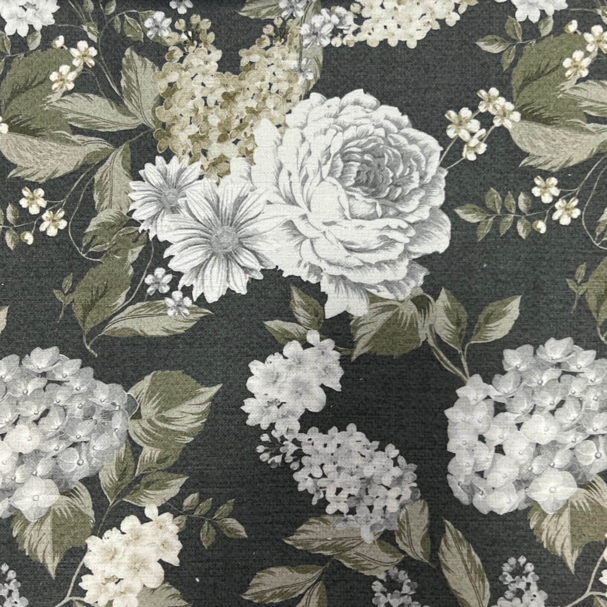 Floral pattern with white and beige flowers on a Charcoal background