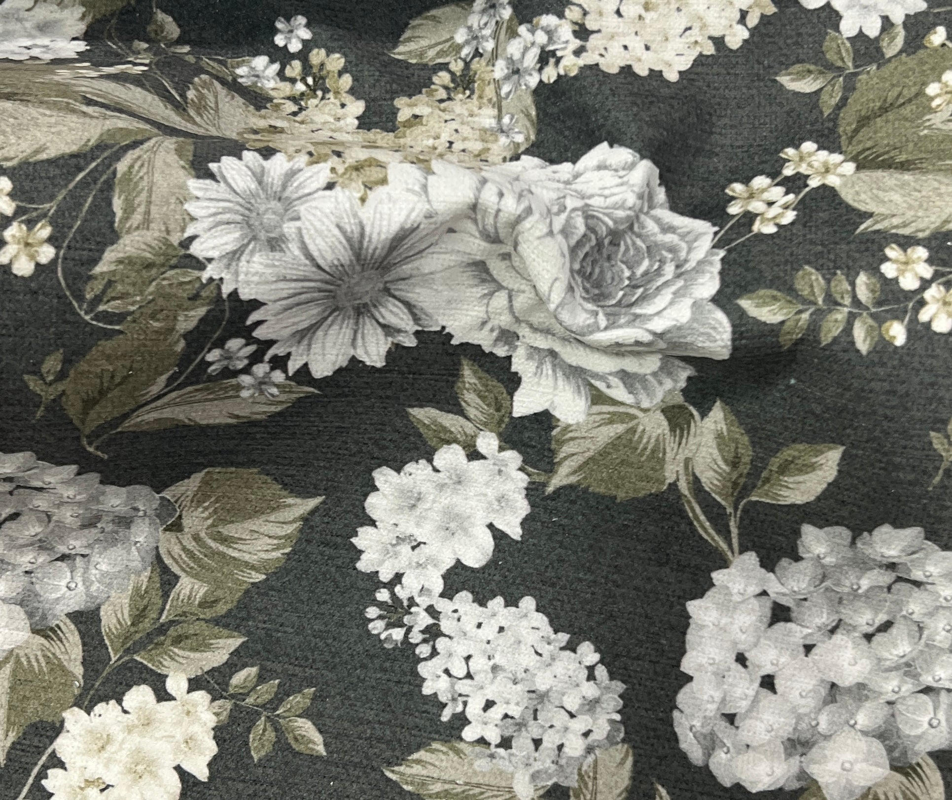 Floral pattern with white and beige flowers on a Charcoal background