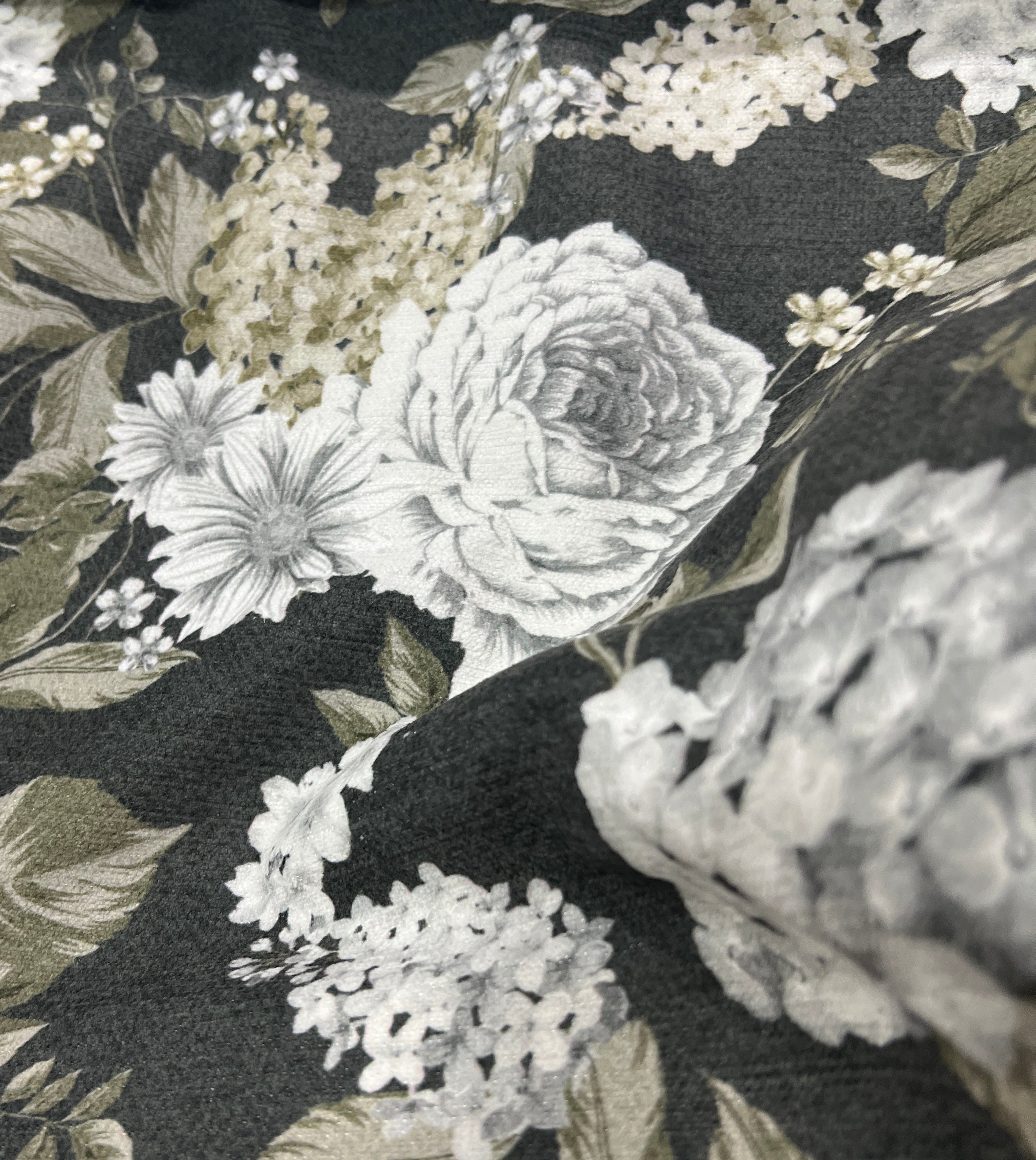 Floral pattern with white and beige flowers on a Charcoal background