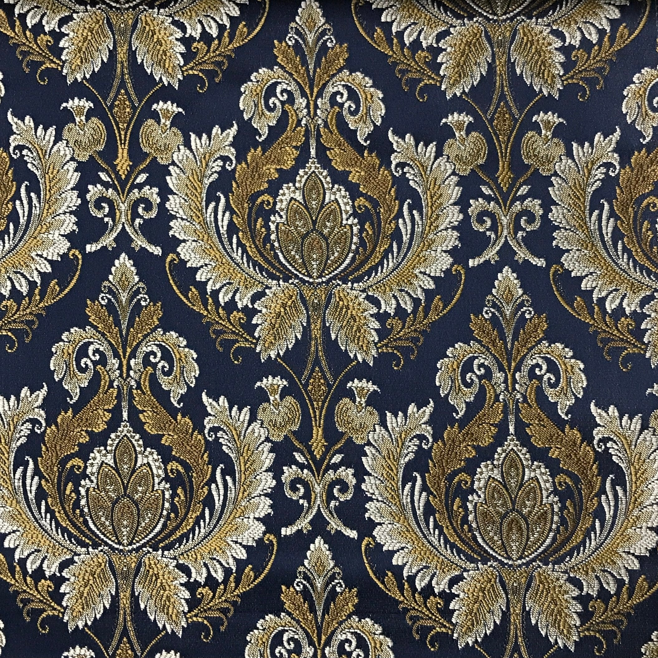 Navy damask upholstery fabric by the yard, close-up pattern view