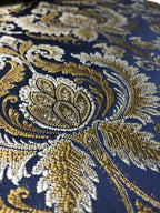 Navy damask fabric swatch showing repeat pattern detail