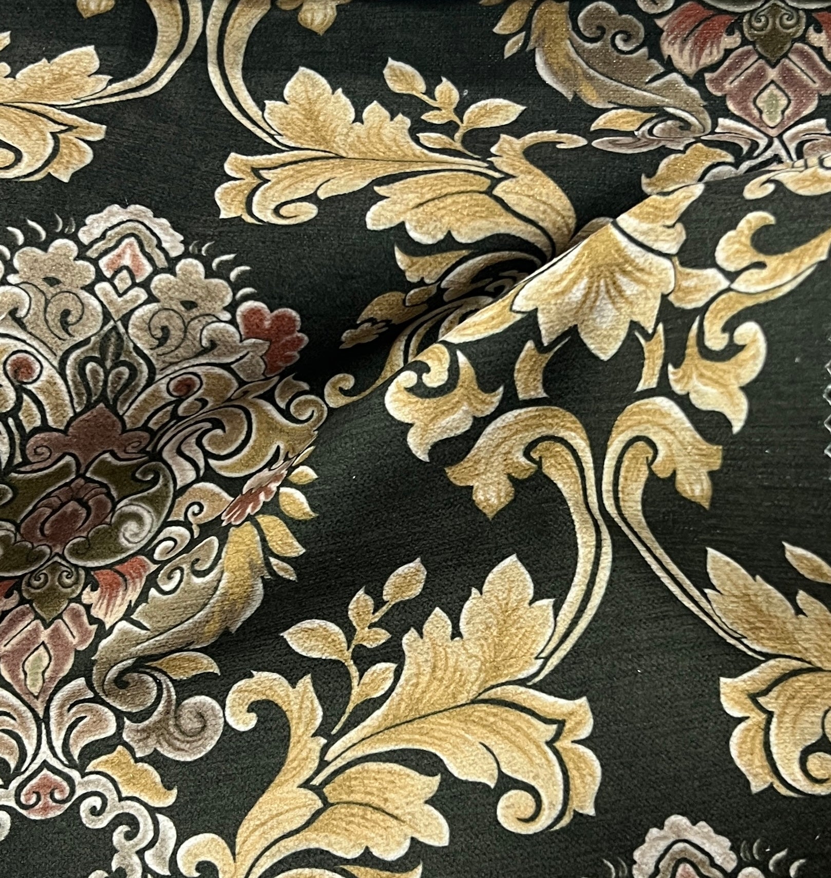 Decorative pattern with intricate floral Damask designs on a Emerald Gold background