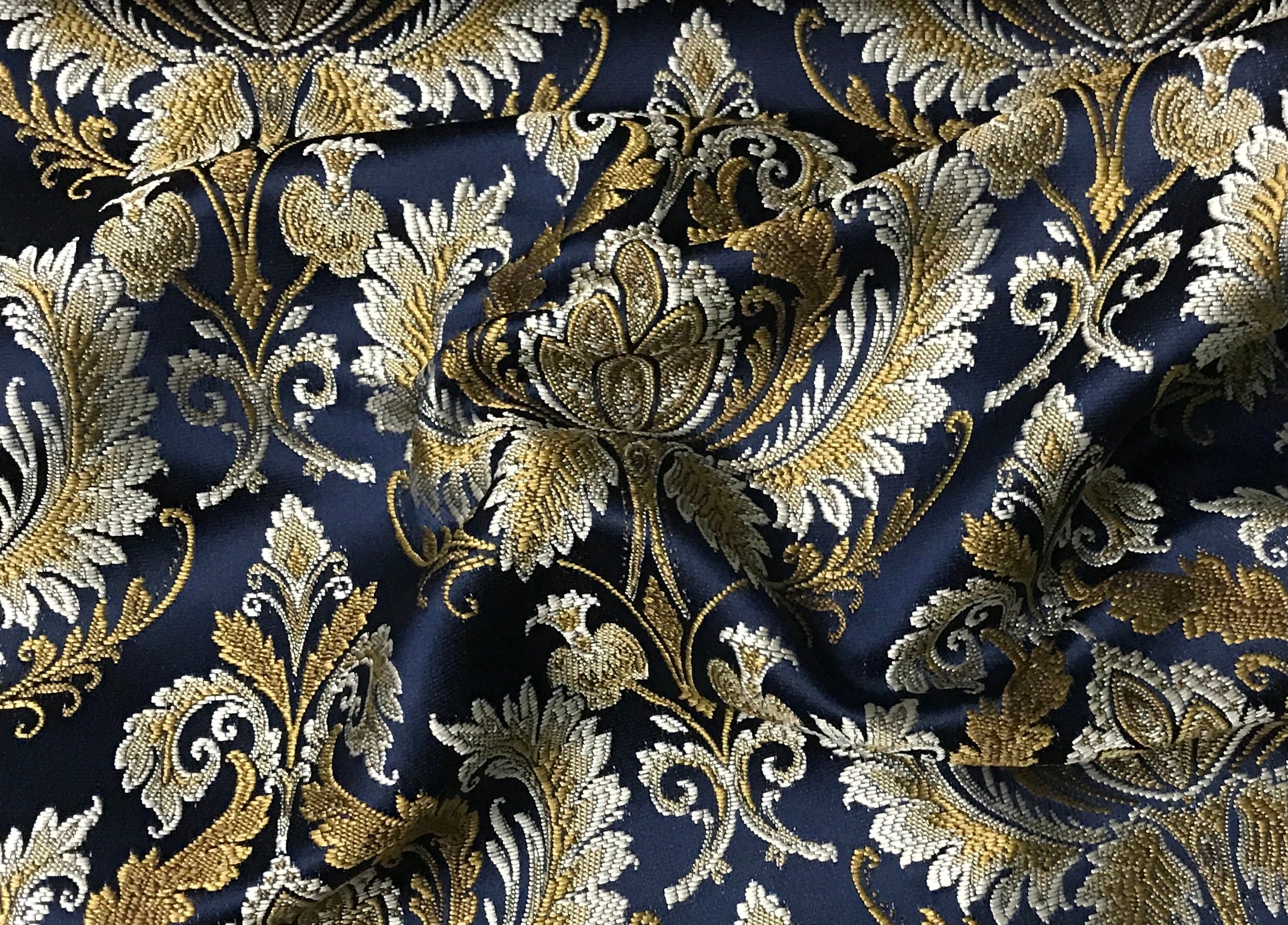 Navy damask fabric by the yard, full pattern layout view