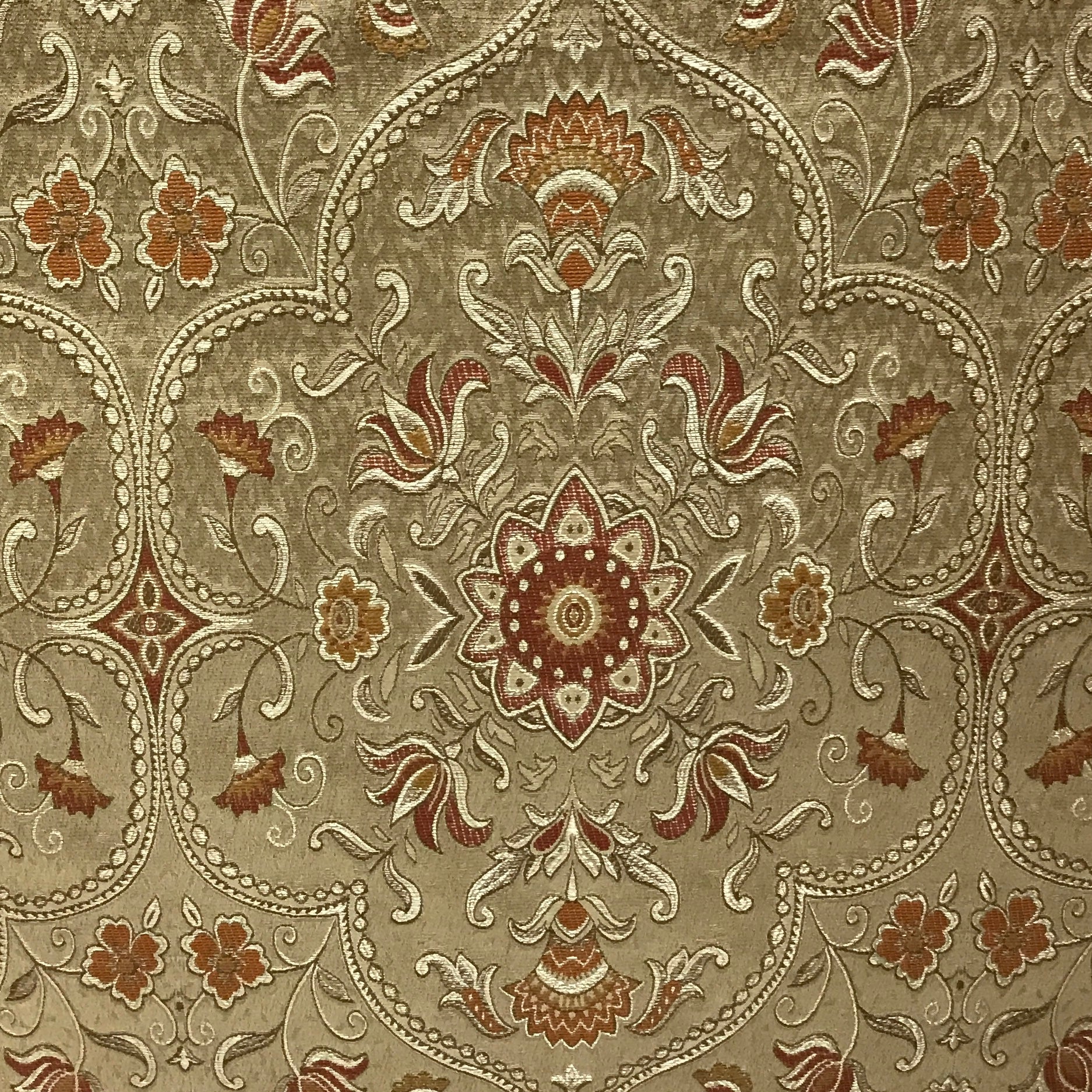 Royale Kasbah Ornate Gold with Rust Moroccan jacquard fabric for upholstery drapery sold by the yard