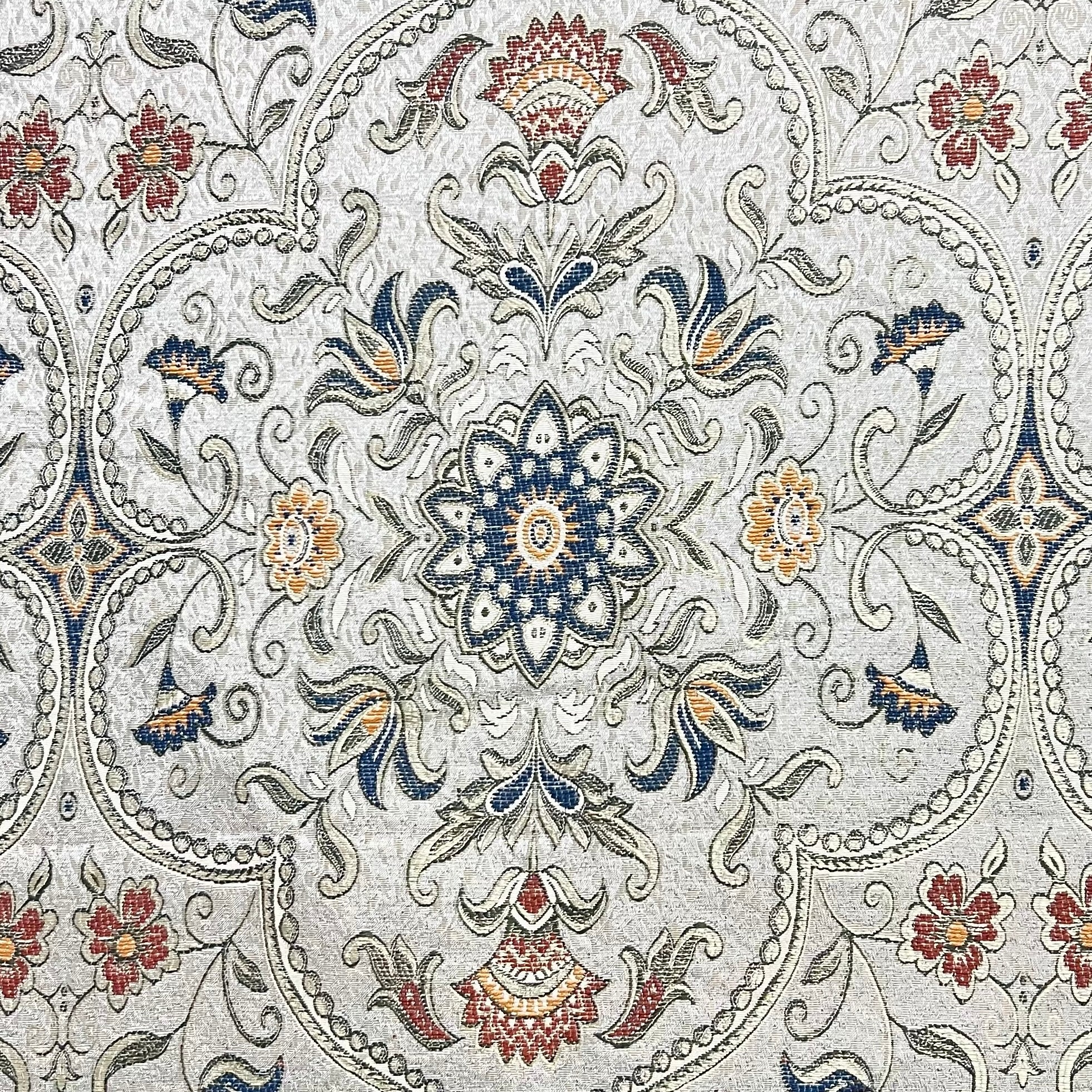 Royale Kasbah Ornate Silver with Blue Moroccan jacquard fabric for upholstery drapery sold by the yard
