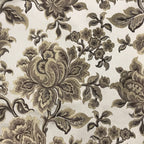 Taupe floral jacquard upholstery fabric by the yard, close-up pattern view.