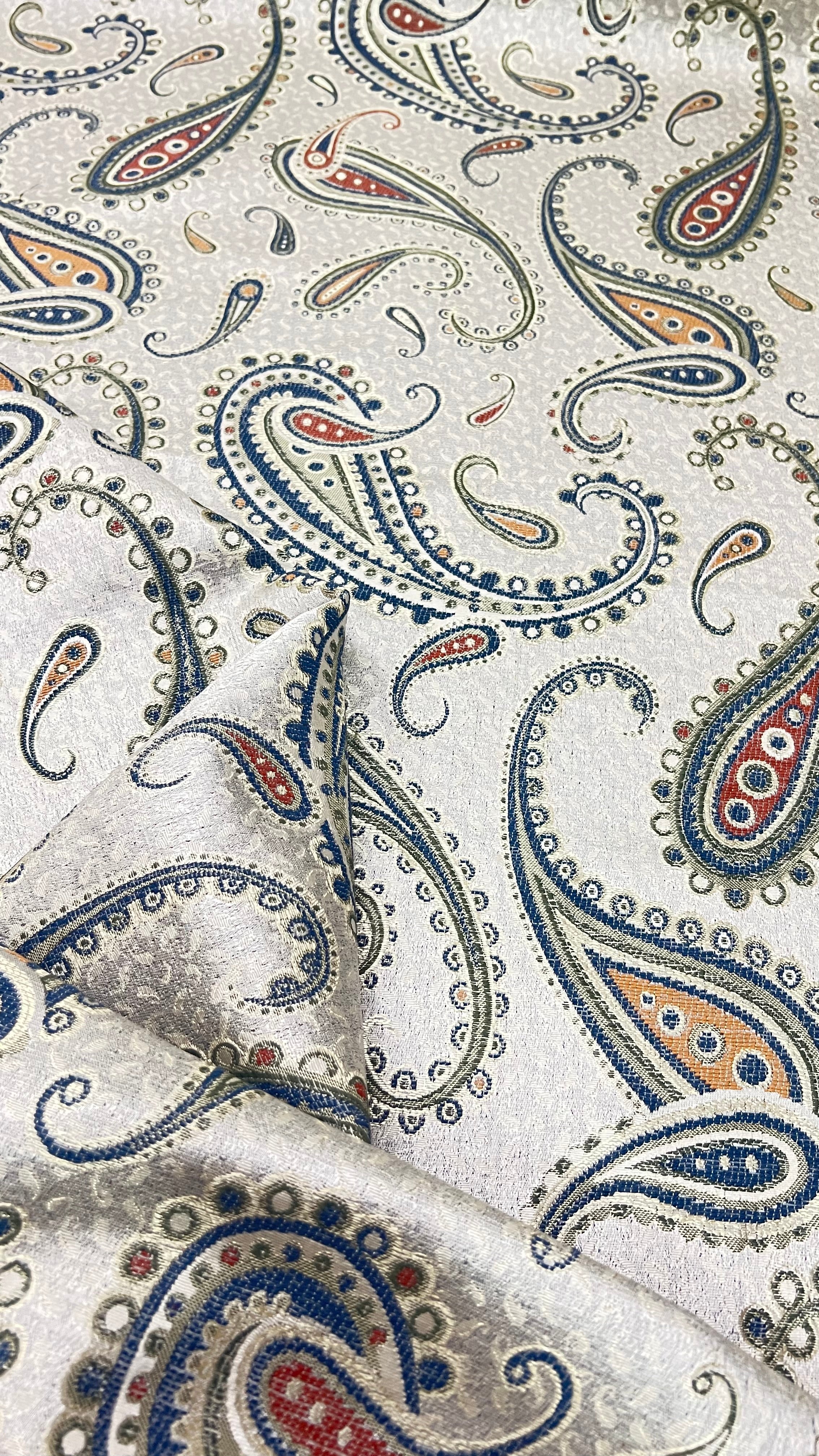 Sultana Paisley Blue jacquard fabric for sofa couch reupholstery rich paisley weave close-up