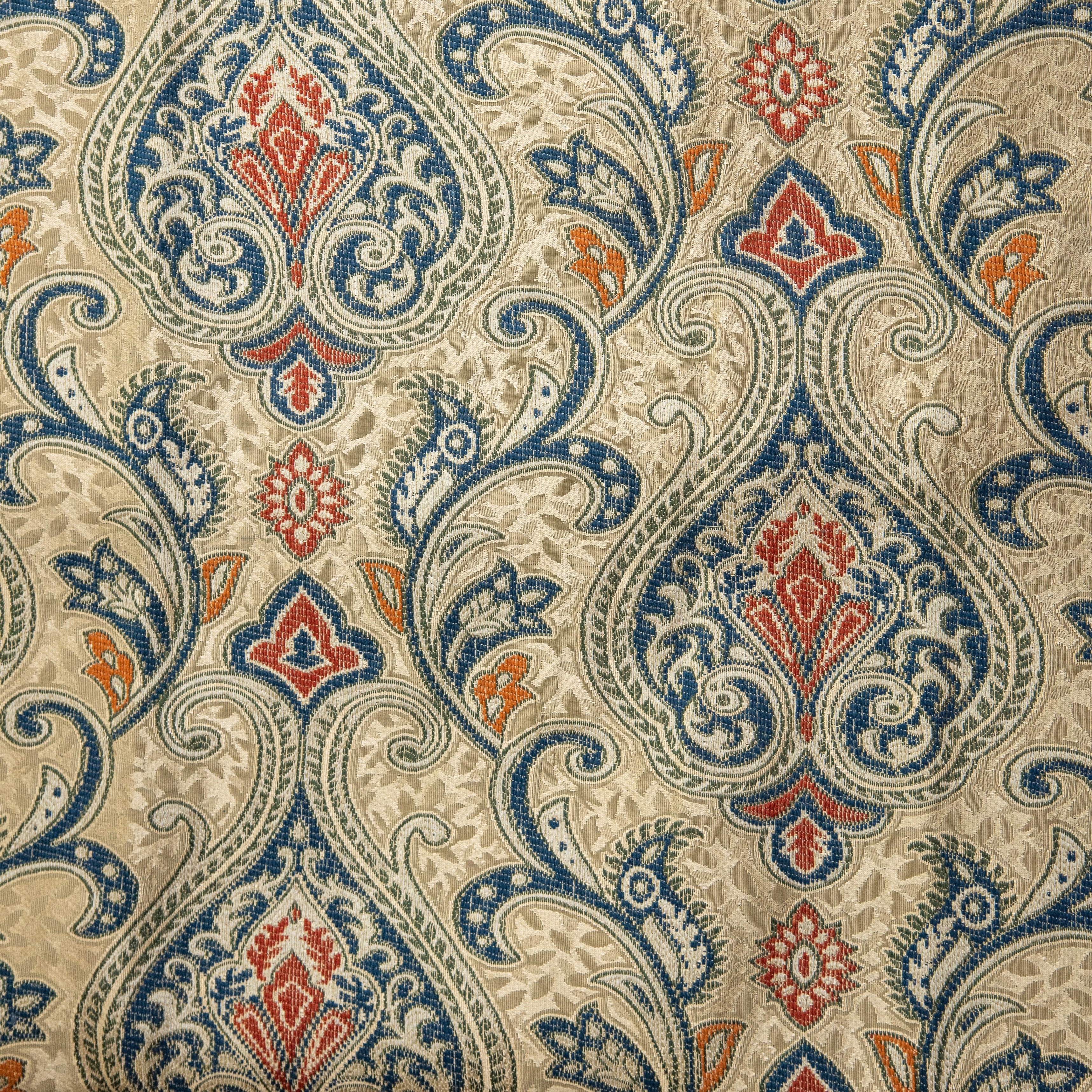 Versailles Medina Gold with Blue damask jacquard fabric for sofa couch reupholstery rich weave close-up